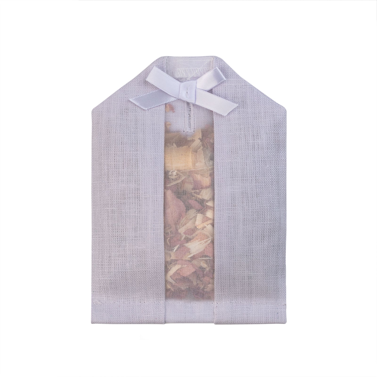 Cedar filled inside of a purple colored linen hanger sachet 