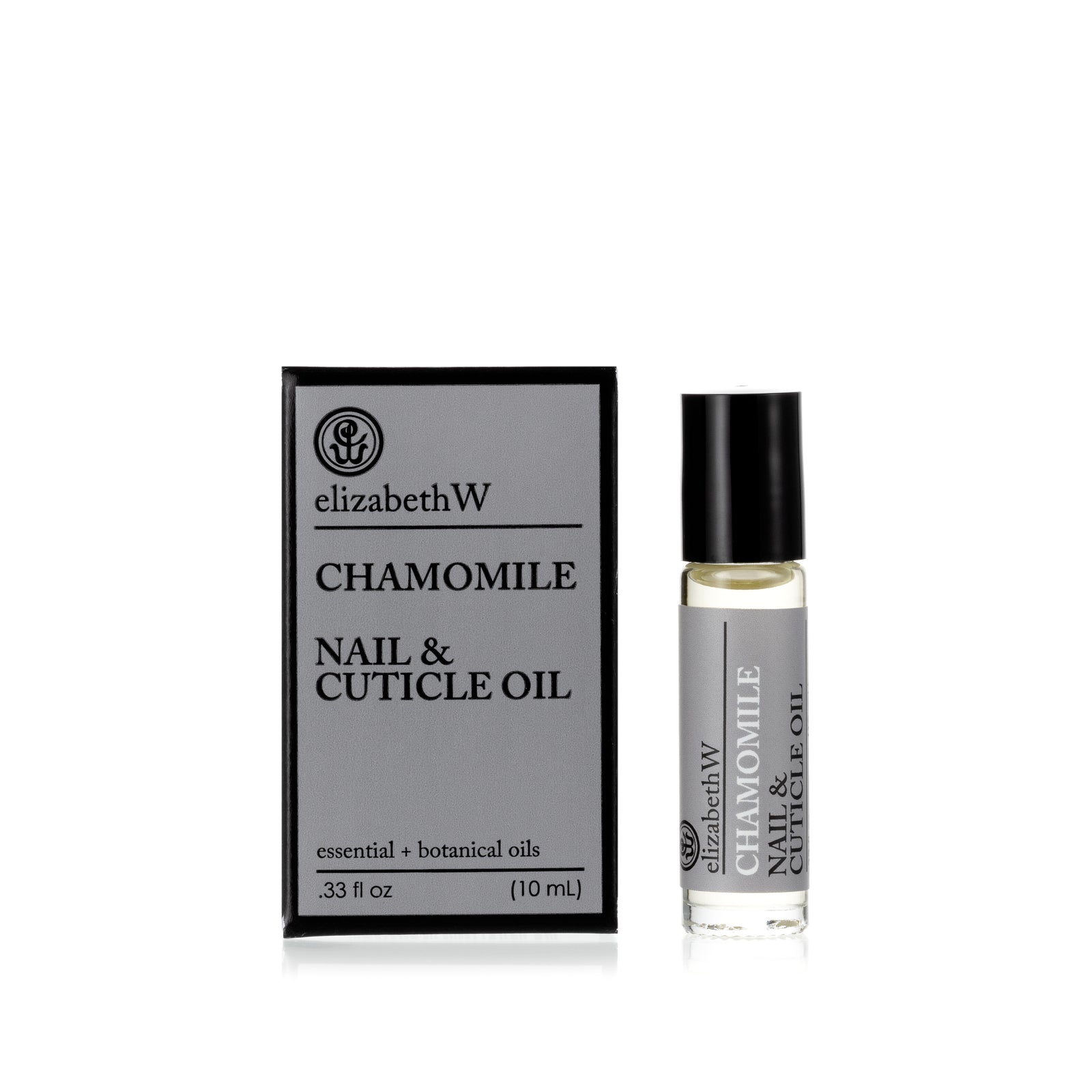 .33 fl oz (10 mL) glass roller bottle of Chamomile Nail & Cuticle Oil standing next to its matching gray and black box. The bottle has a rollerball tip and contains a clear oil with a gray label.