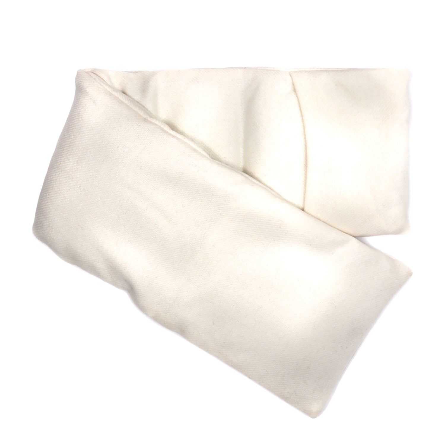Neatly arranged against a plain white background, the elizabethW Cream Wool Hot/Cold Flaxseed Pack is made with a soft textured fabric, and can be used as a heat pad or cold compress.  