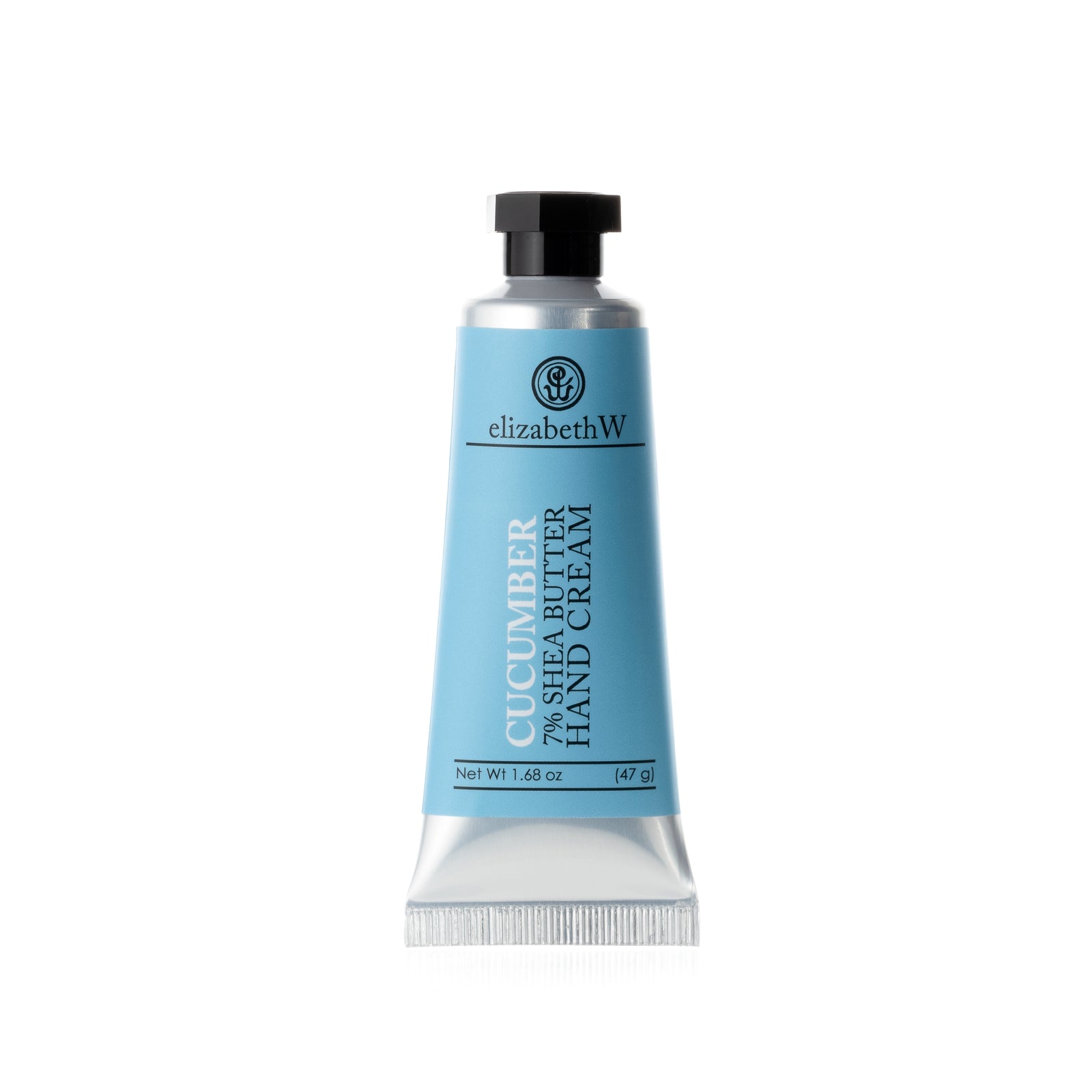 A small metal tube of Cucumber 7% Shea Butter Hand Cream with a black cap and a light blue label, showing the product’s name and weight.