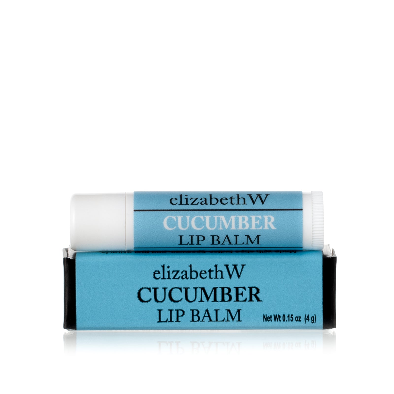 A tube of Cucumber Lip Balm placed on top of its matching light blue and black box. The tube and box are both labeled with the product name in black text on a light blue background.
