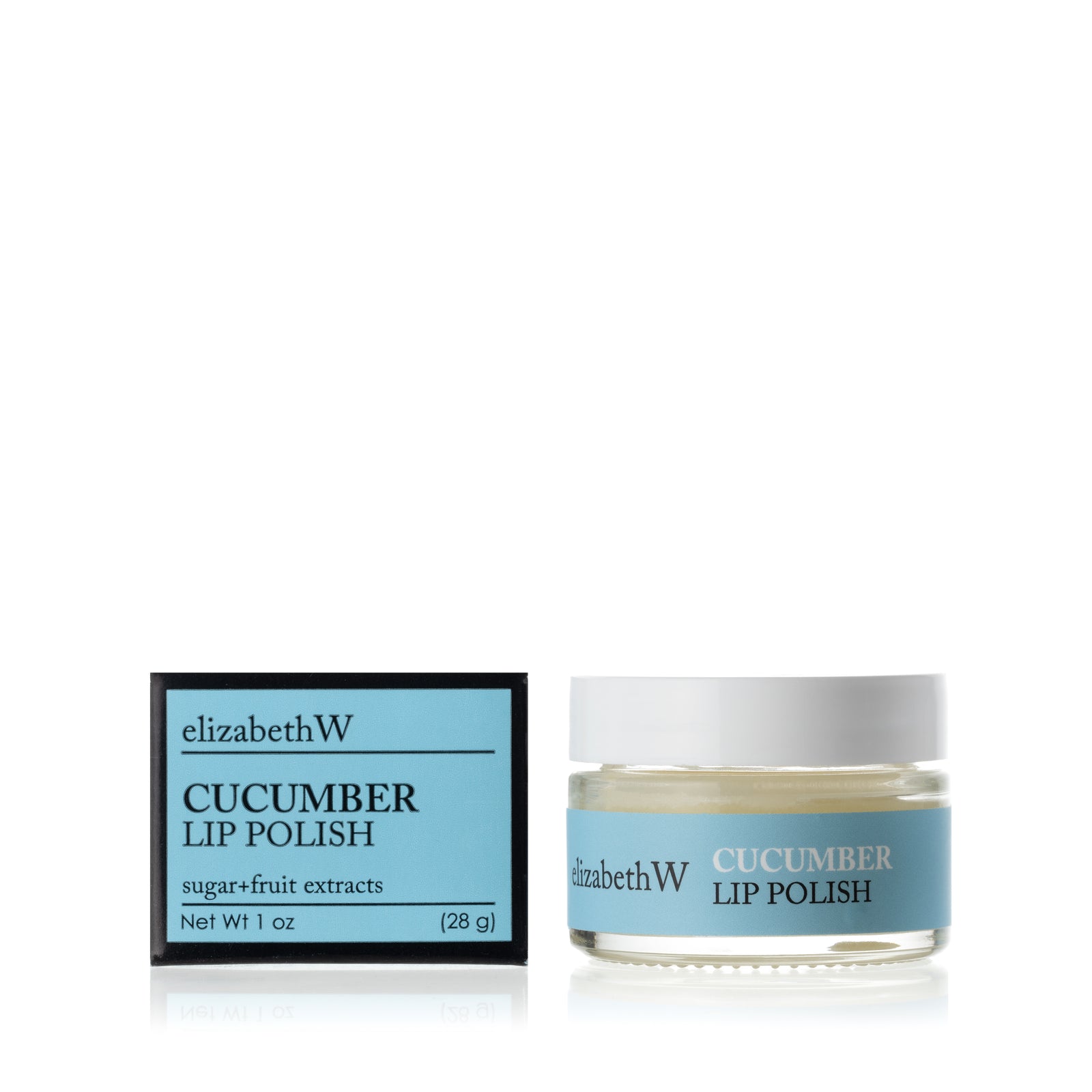 A glass jar of Cucumber Lip Polish beside its matching black and light blue box. The jar contains a smooth white lip polish with a light blue label.