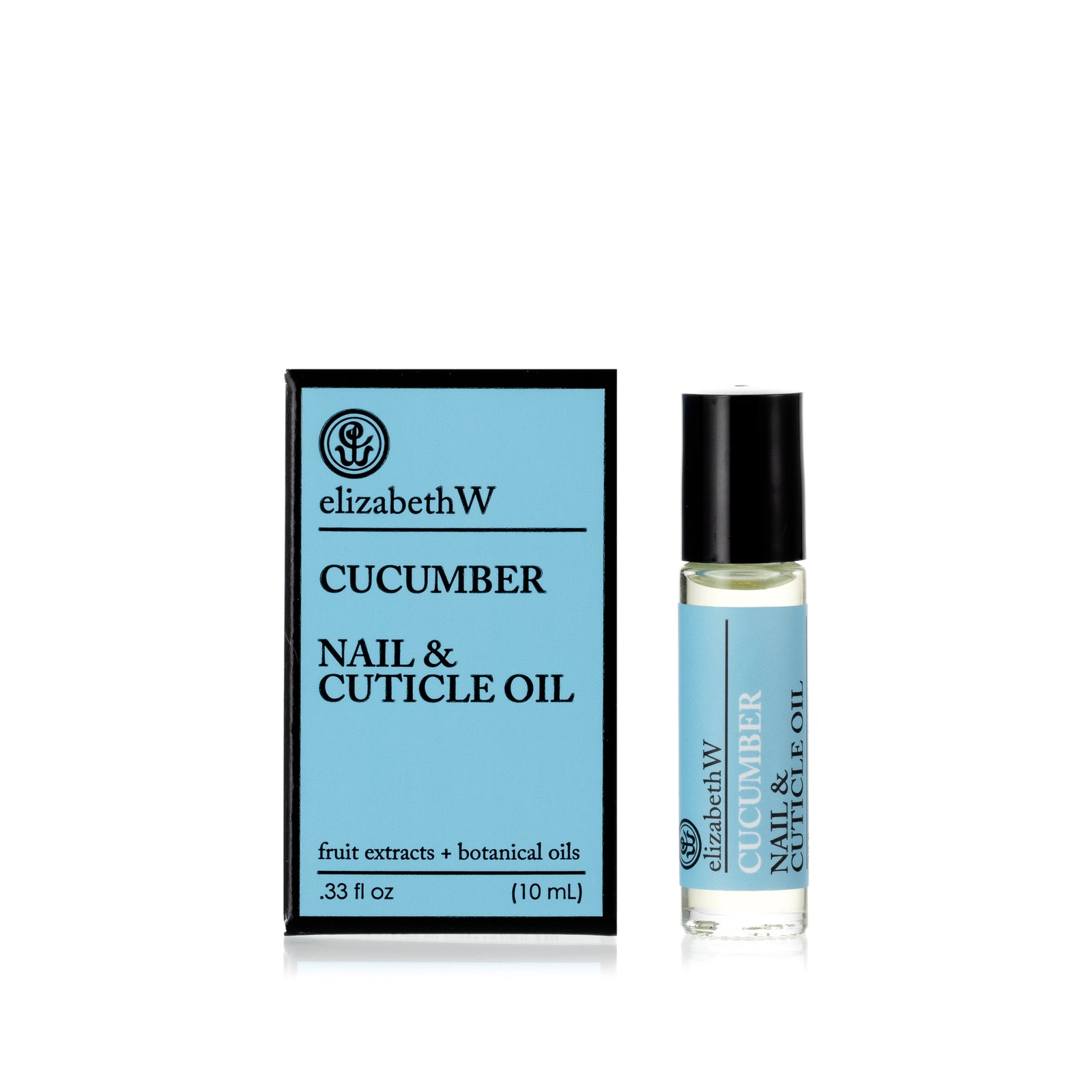 .33 fl oz (10 mL) glass roller bottle of Cucumber Nail & Cuticle Oil standing next to its matching light blue and black box. The bottle has a rollerball tip and contains a clear oil with a light blue label.