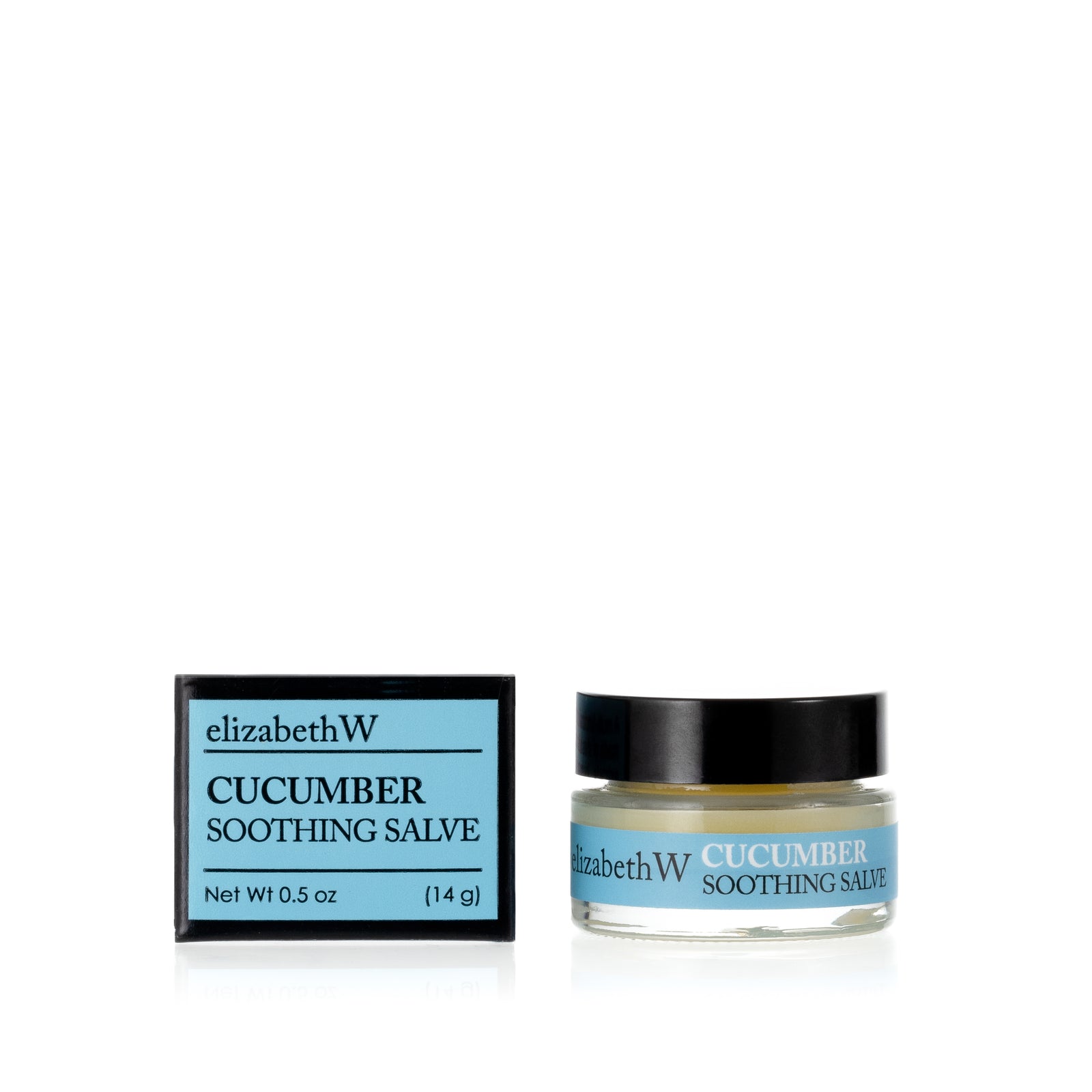 .5 oz (14g) glass jar of Cucumber Soothing Salve with a matching light blue and black box. The jar contains salve, and the box displays the product name and the brand elizabethW in black text on a light blue background.