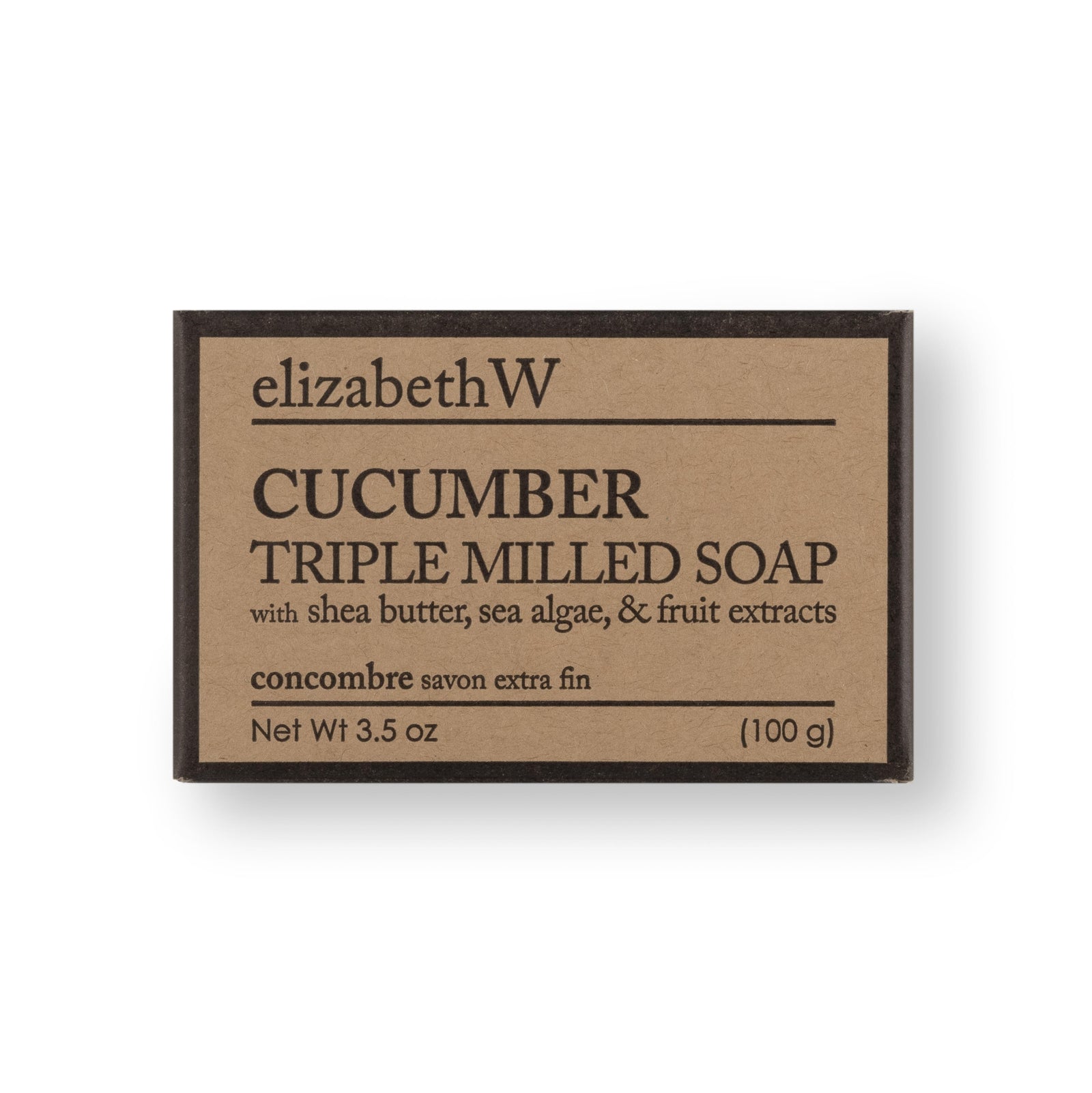 Cucumber Triple Milled Soap by elizabethW, packaged in a kraft-colored box. Contains shea butter, sea algae, and fruit extracts. Weight: 3.5 oz (100 g).