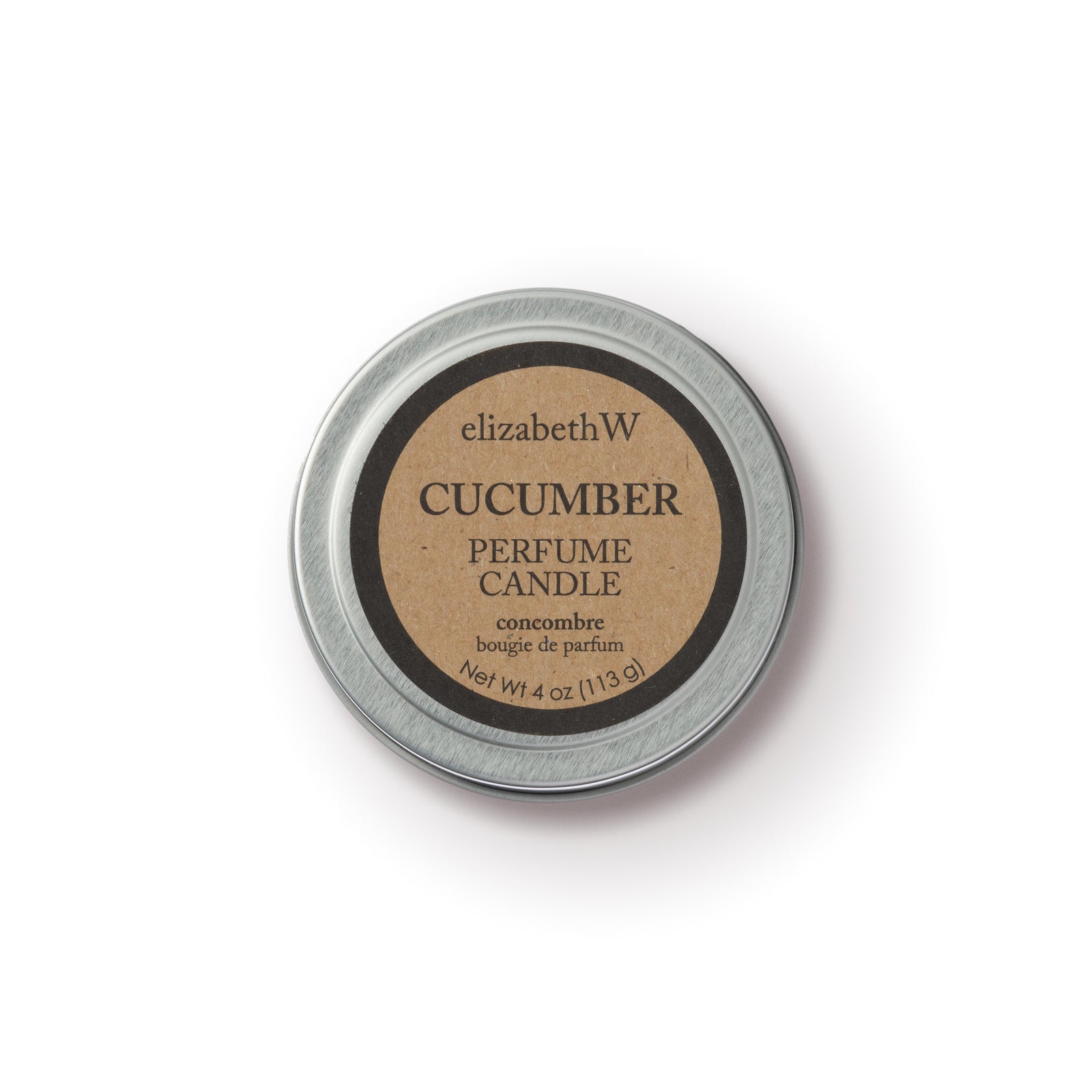 A round, silver-lidded tin container of the elizabethW Cucumber Perfume Candle, featuring a kraft label on the lid with the product name and details.