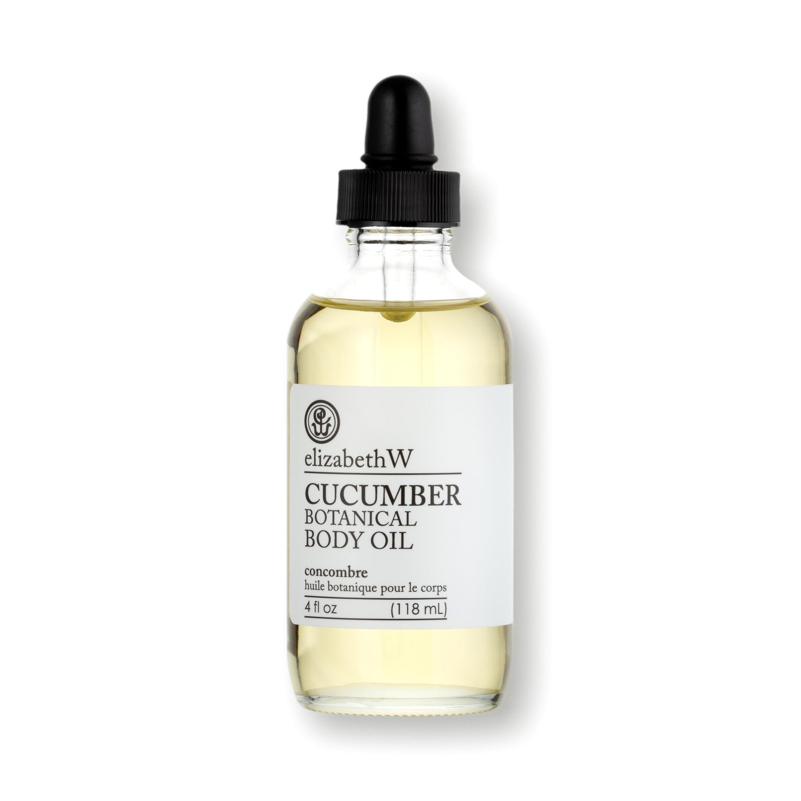Glass bottle of elizabethW Cucumber Botanical Body Oil with a black dropper cap and a white label featuring the product name and details in black text. The bottle contains 4 fl oz (118 mL).