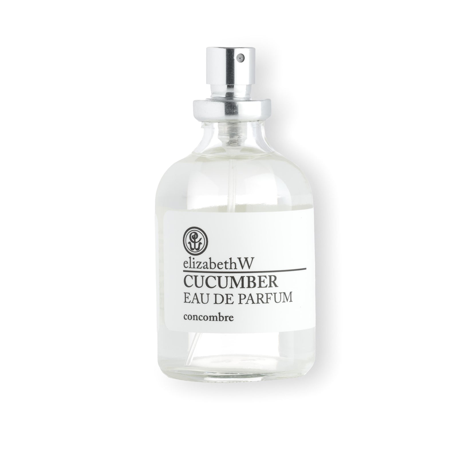 A clear 1.7 fl oz (50 mL) glass bottle of Cucumber Eau de Parfum with a silver spray top. The white label reads "elizabethW Cucumber Eau de Parfum" and the French translation "concombre" below.