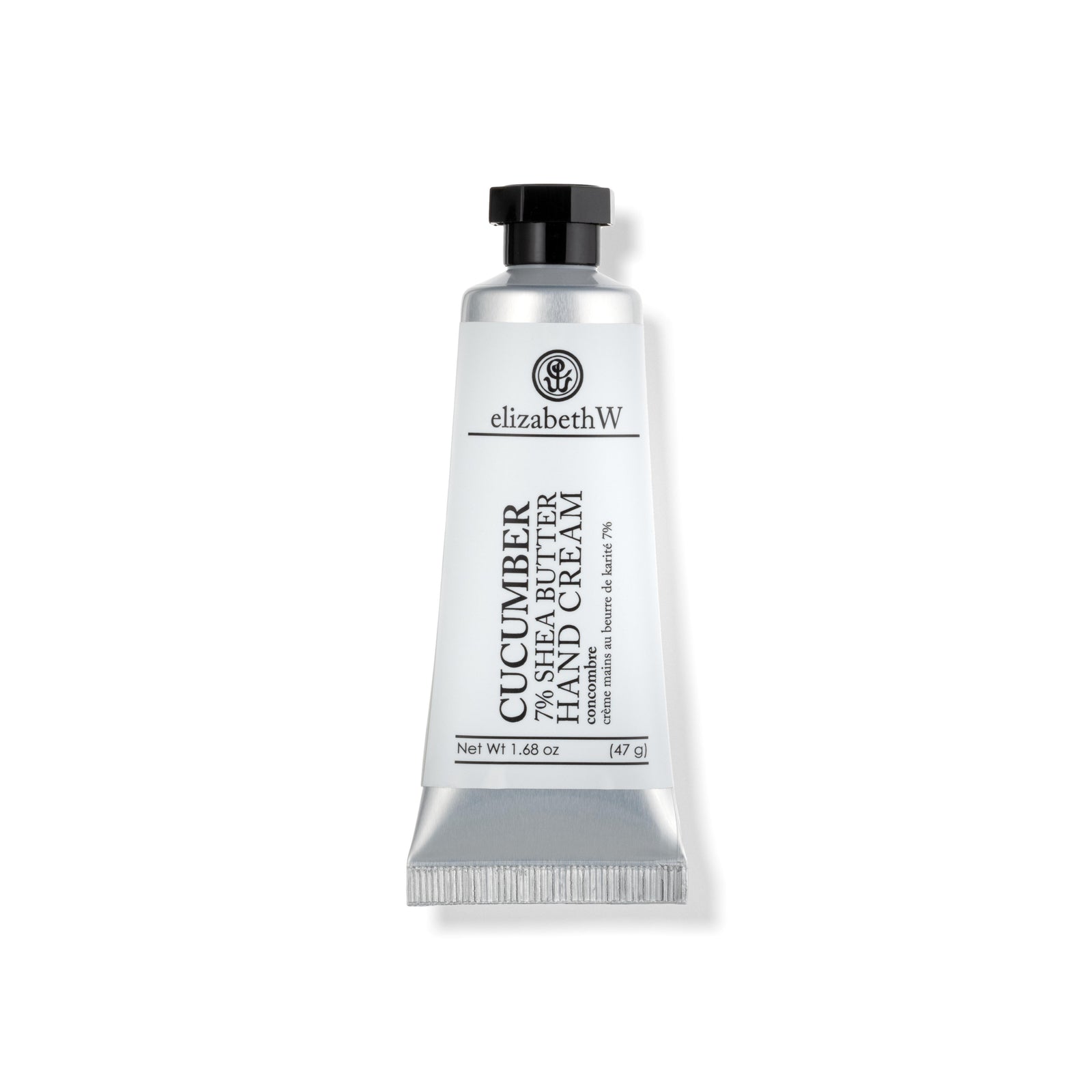 A silver tube of Cucumber 7% Shea Butter Hand Cream. The label reads "elizabethW Cucumber 7% Shea Butter Hand Cream" with the French translation "concombre crème mains au beurre de karité 7%." The net weight is listed as 1.68 oz (47 g).