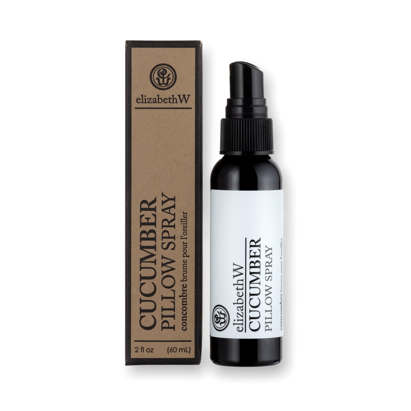 A 2 fl oz (60 mL) black bottle of elizabethW Cucumber Pillow Spray with matching kraft box, featuring the brand's logo and product details in both English and French.