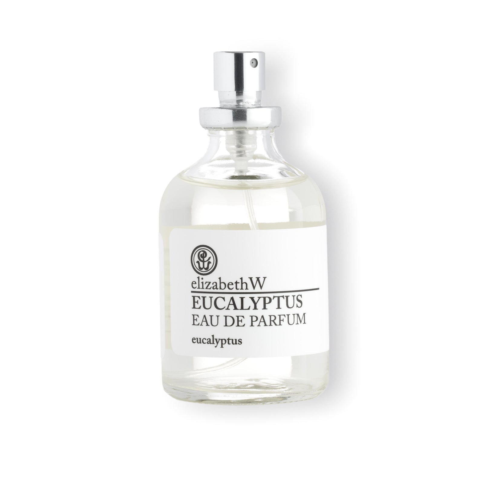 A clear 1.7 fl oz (50 mL) glass bottle of Eucalyptus Eau de Parfum with a silver spray top. The white label reads "elizabethW Eucalyptus Eau de Parfum" and the French translation "eucalyptus" below.