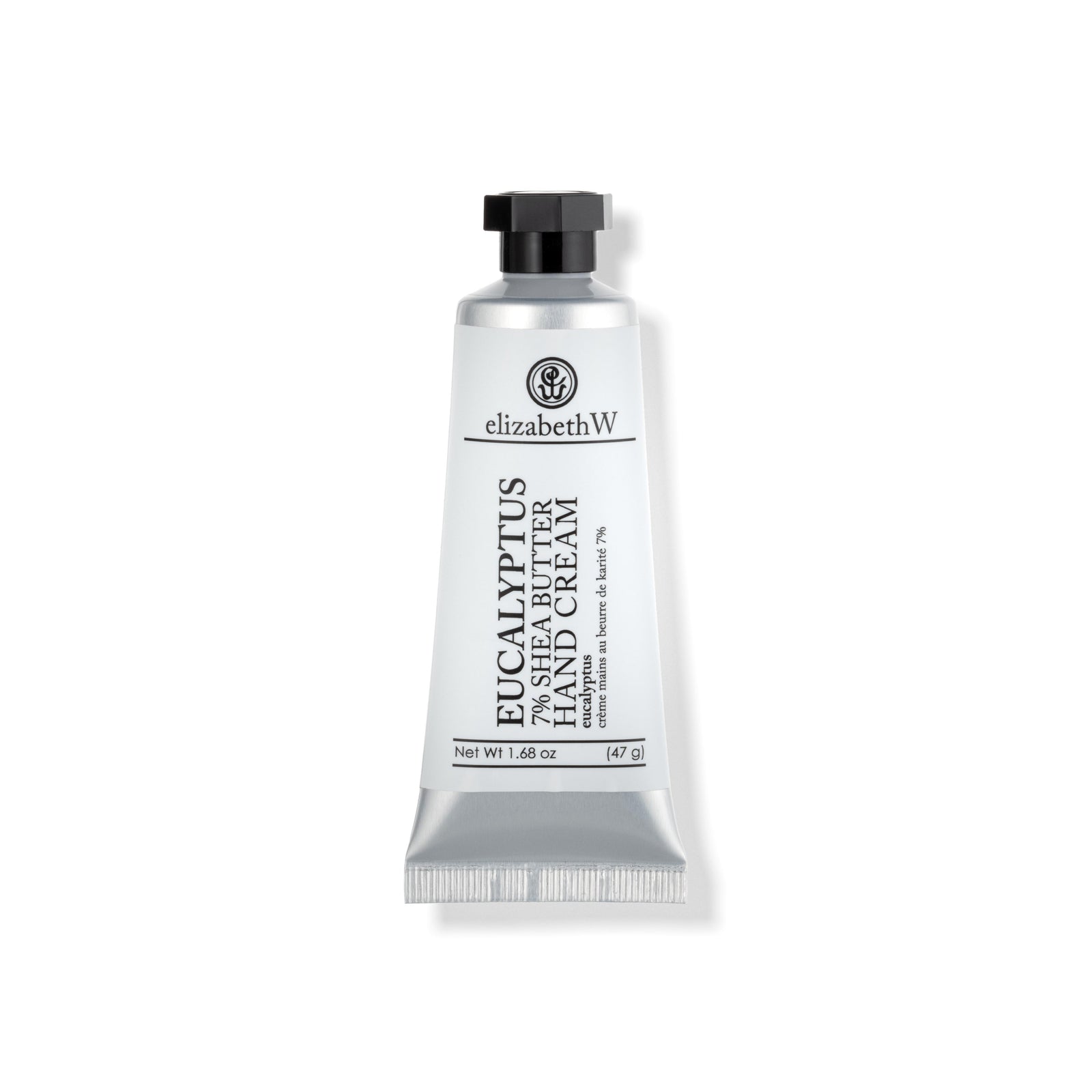 A silver tube of Eucalyptus 7% Shea Butter Hand Cream. The label reads "elizabethW Eucalyptus 7% Shea Butter Hand Cream" with the French translation "eucalyptus crème mains au beurre de karité 7%." The net weight is listed as 1.68 oz (47 g).