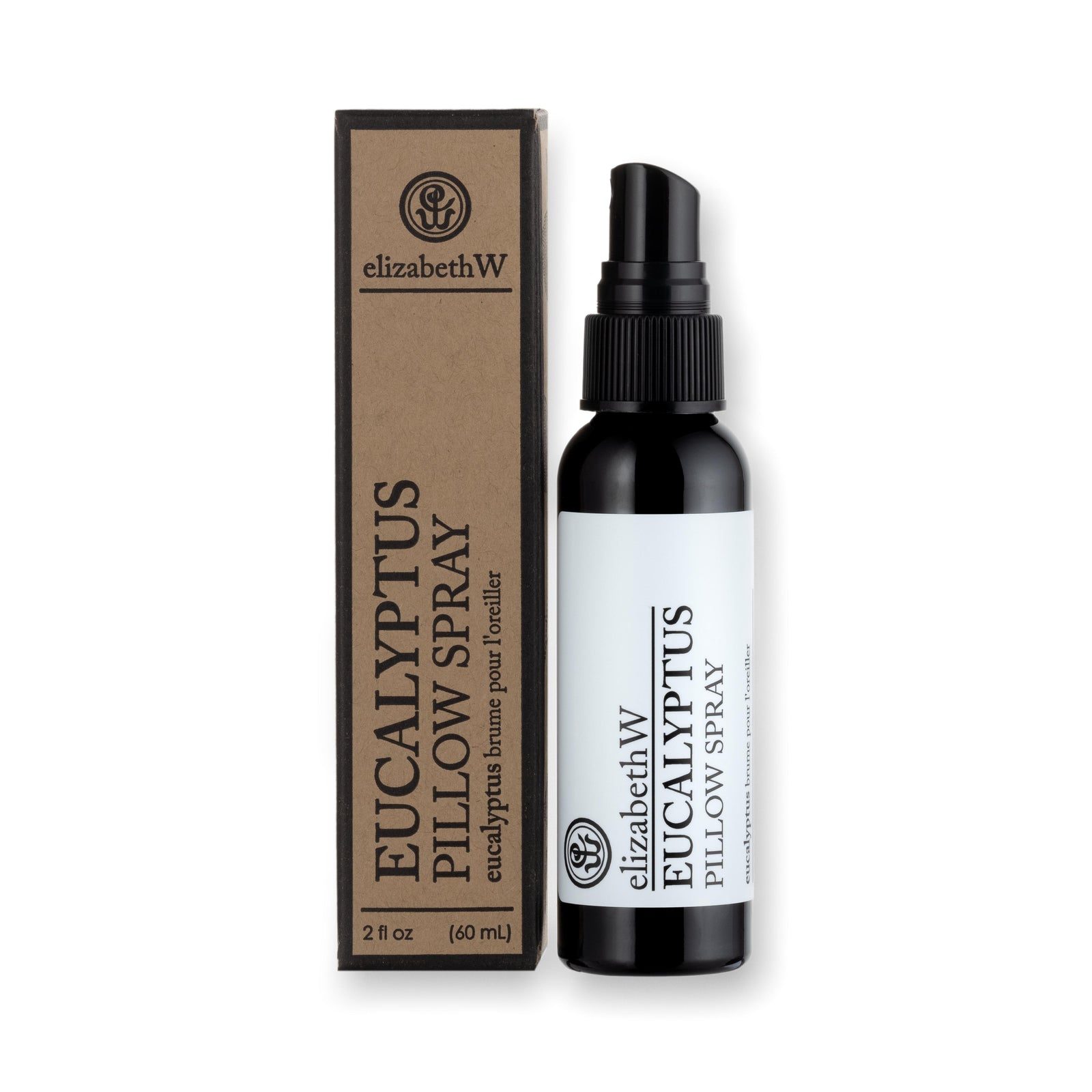 A 2 fl oz (60 mL) black bottle of elizabethW Eucalyptus Pillow Spray with matching kraft box, featuring the brand's logo and product details in both English and French.