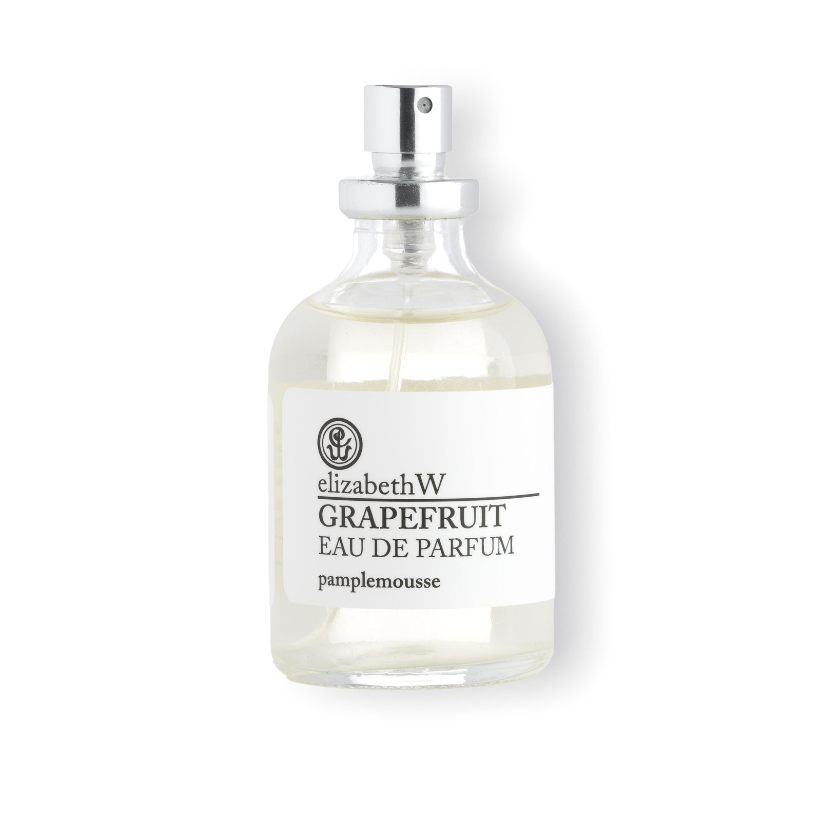A clear 1.7 fl oz (50 mL) glass bottle of Grapefruit Eau de Parfum with a silver spray top. The white label reads "elizabethW Grapefruit Eau de Parfum" and the French translation "pamplemousse" below.