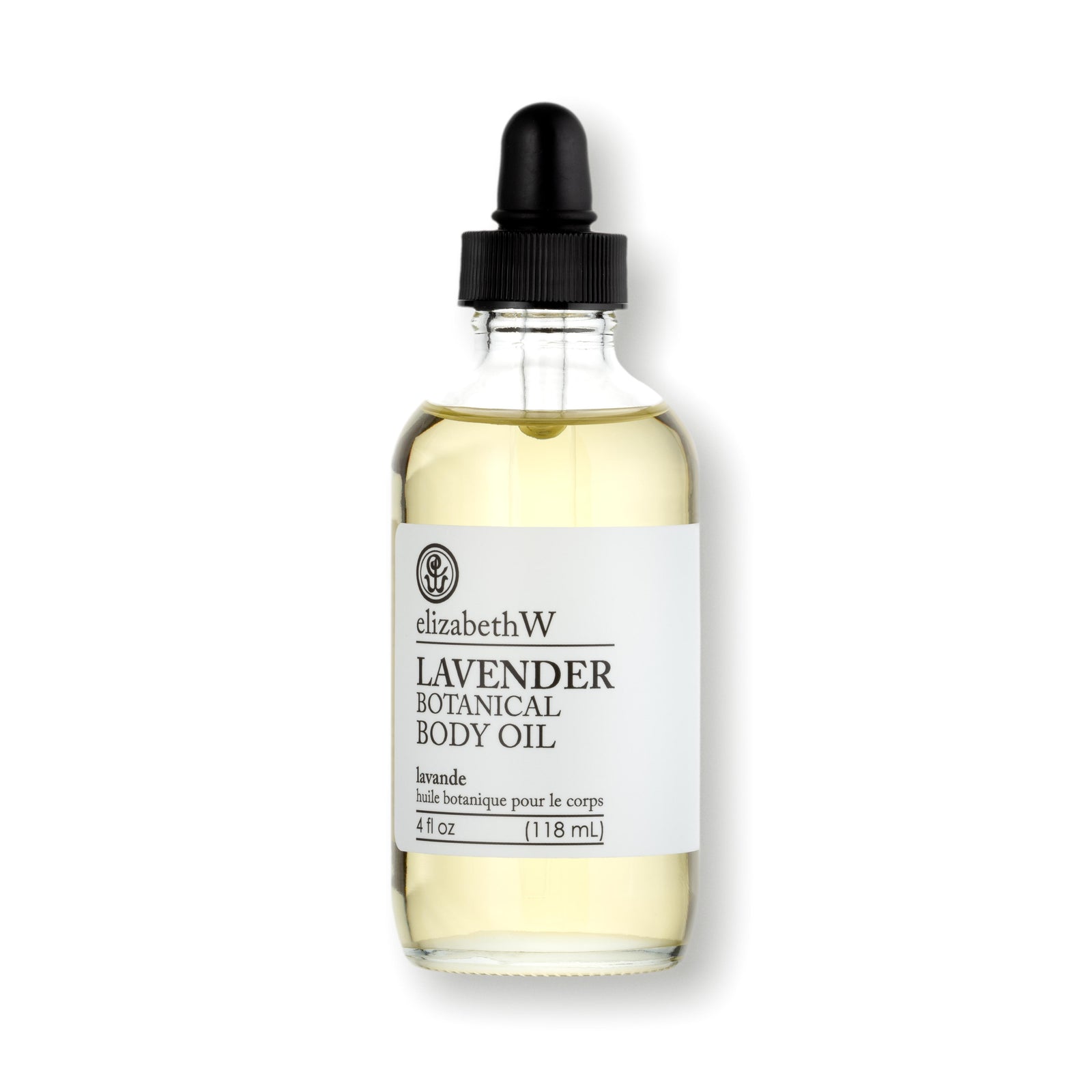 Glass bottle of elizabethW Lavender Botanical Body Oil with a black dropper cap and a white label featuring the product name and details in black text. The bottle contains 4 fl oz (118 mL).