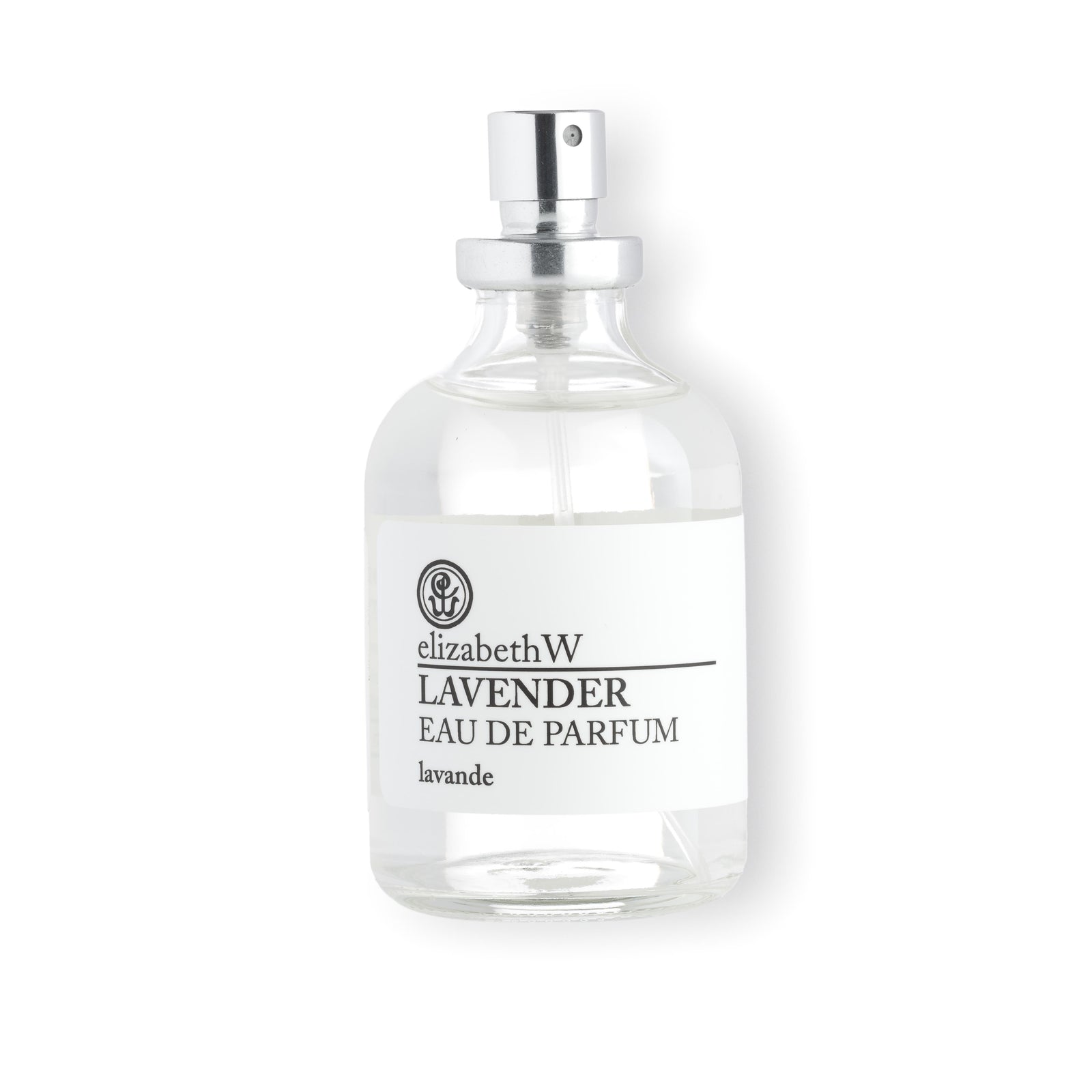 A clear 1.7 fl oz (50 mL) glass bottle of Lavender Eau de Parfum with a silver spray top. The white label reads "elizabethW Lavender Eau de Parfum" and the French translation "lavande" below.
