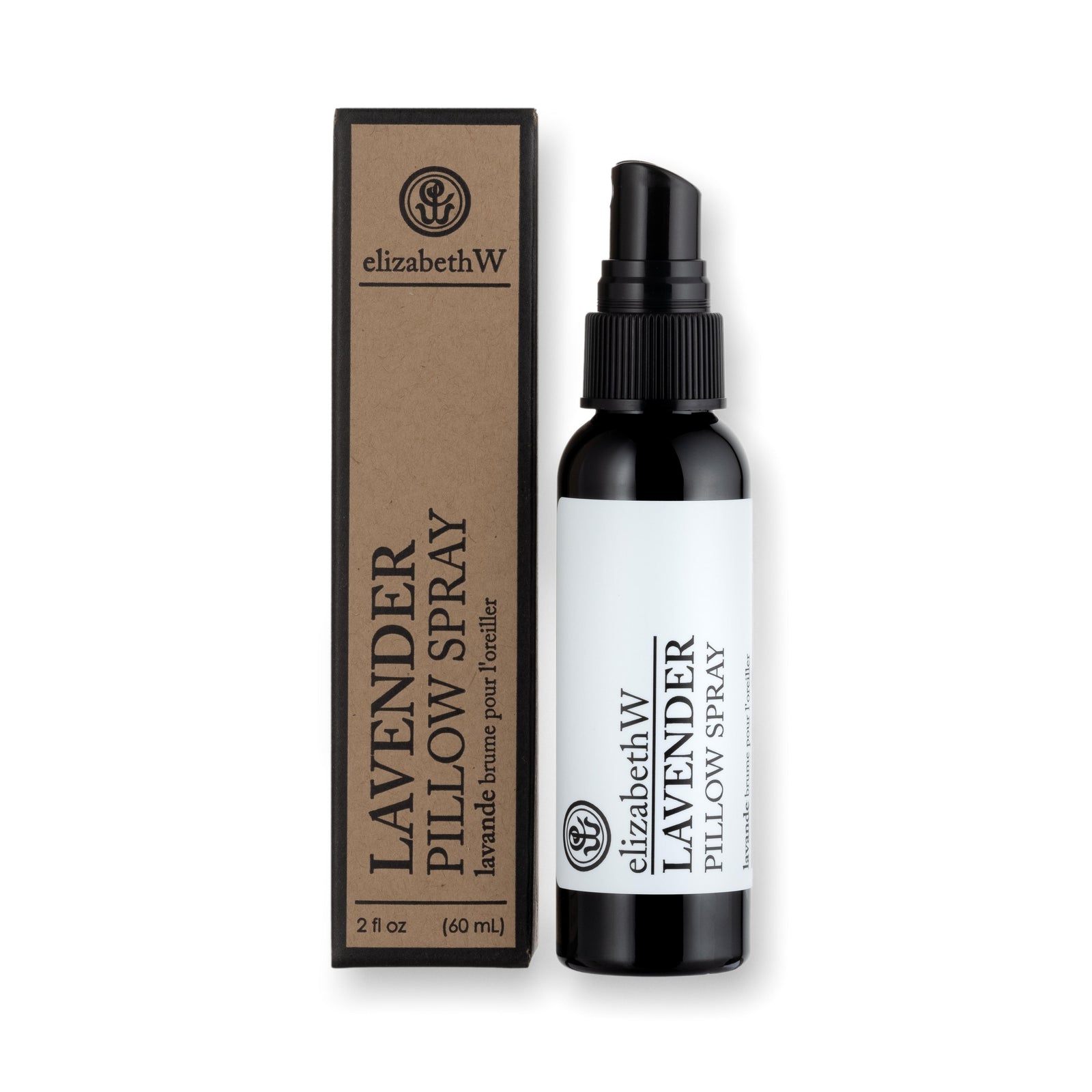 A 2 fl oz (60 mL) black bottle of elizabethW Lavender Pillow Spray with matching kraft box, featuring the brand's logo and product details in both English and French.