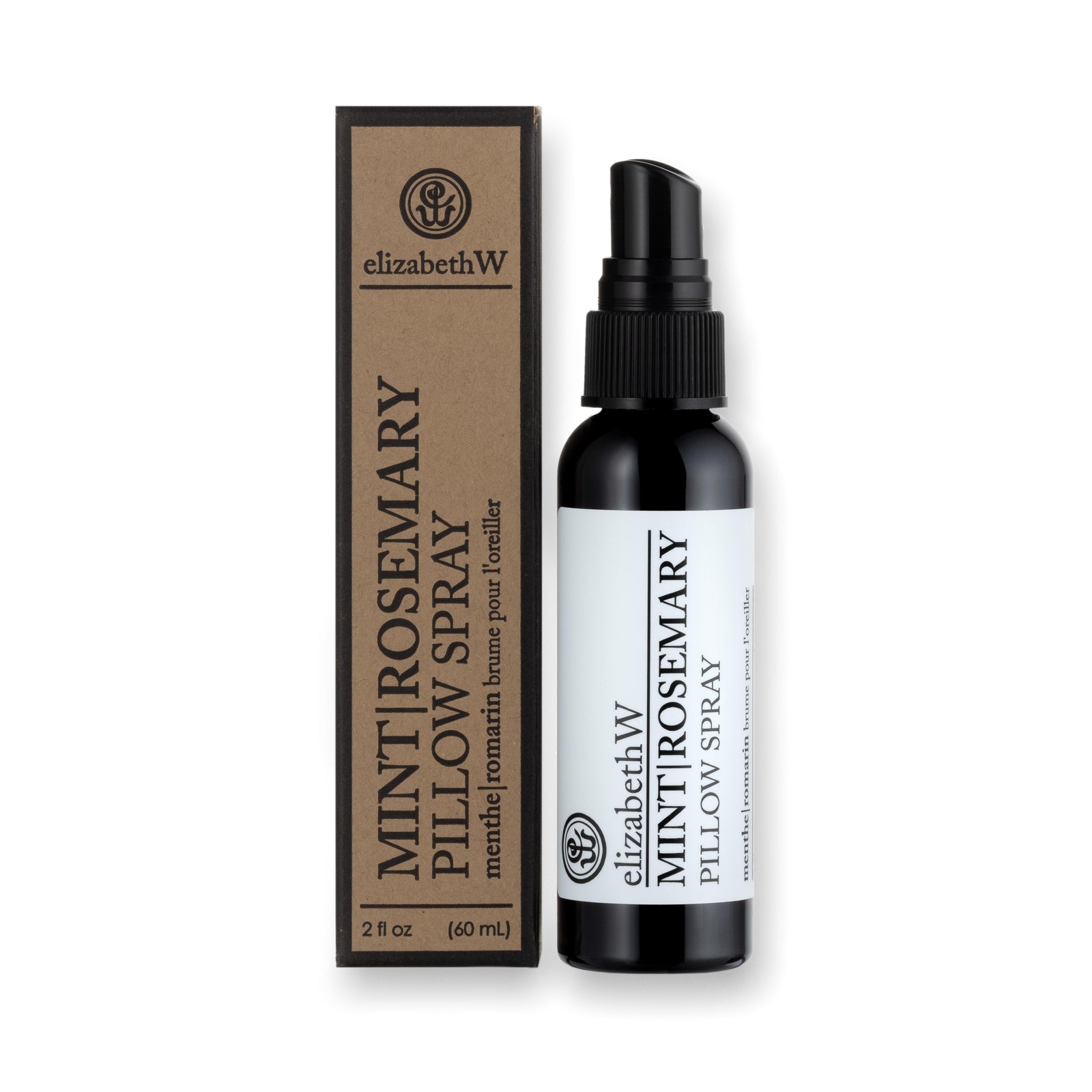 A 2 fl oz (60 mL) black bottle of elizabethW Mint|Rosemary Pillow Spray with matching kraft box, featuring the brand's logo and product details in both English and French.