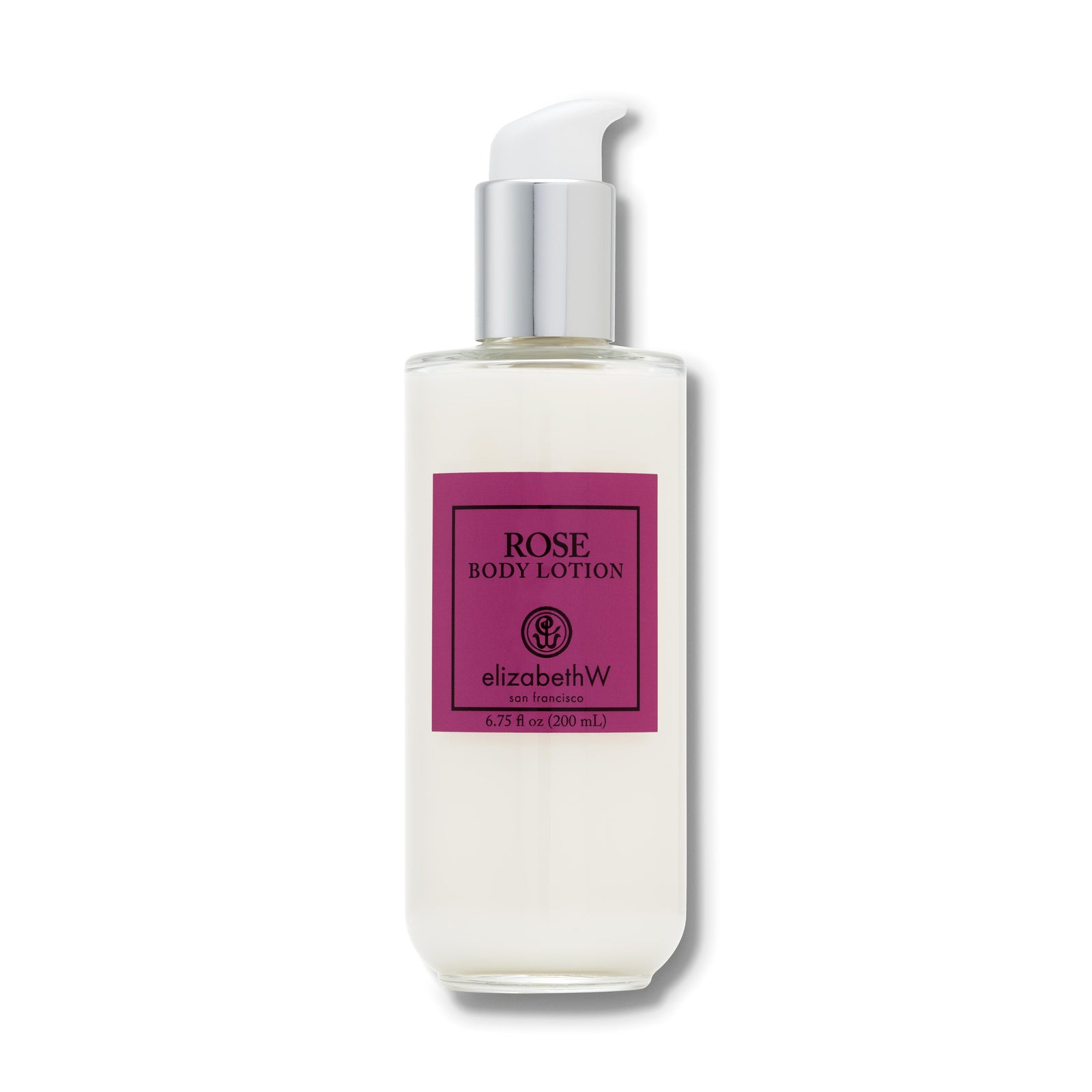 A 6.75 fl oz (200 mL) clear glass bottle of body lotion with a silver pump dispenser. The label reads "Rose Body Lotion," with the elizabethW logo and "san francisco" below. The purplish-red label and minimalist design reflect a clean and elegant aesthetic.