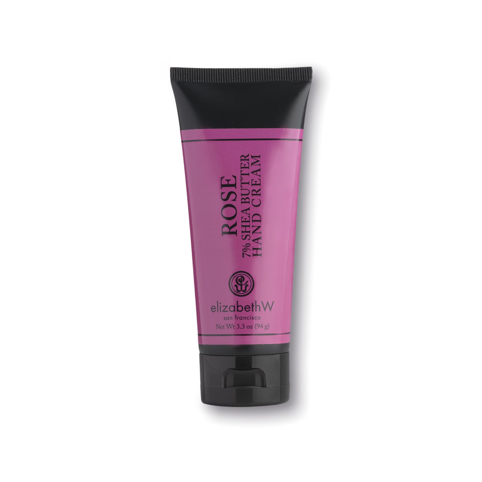 A 3.3 oz (94 g) purplish-red colored tube of Rose hand cream with a black cap and black text. The label reads "Rose 7% Shea Butter Hand Cream," with the elizabethW logo and "san francisco" beneath it. The net weight of the product is also listed on the label.