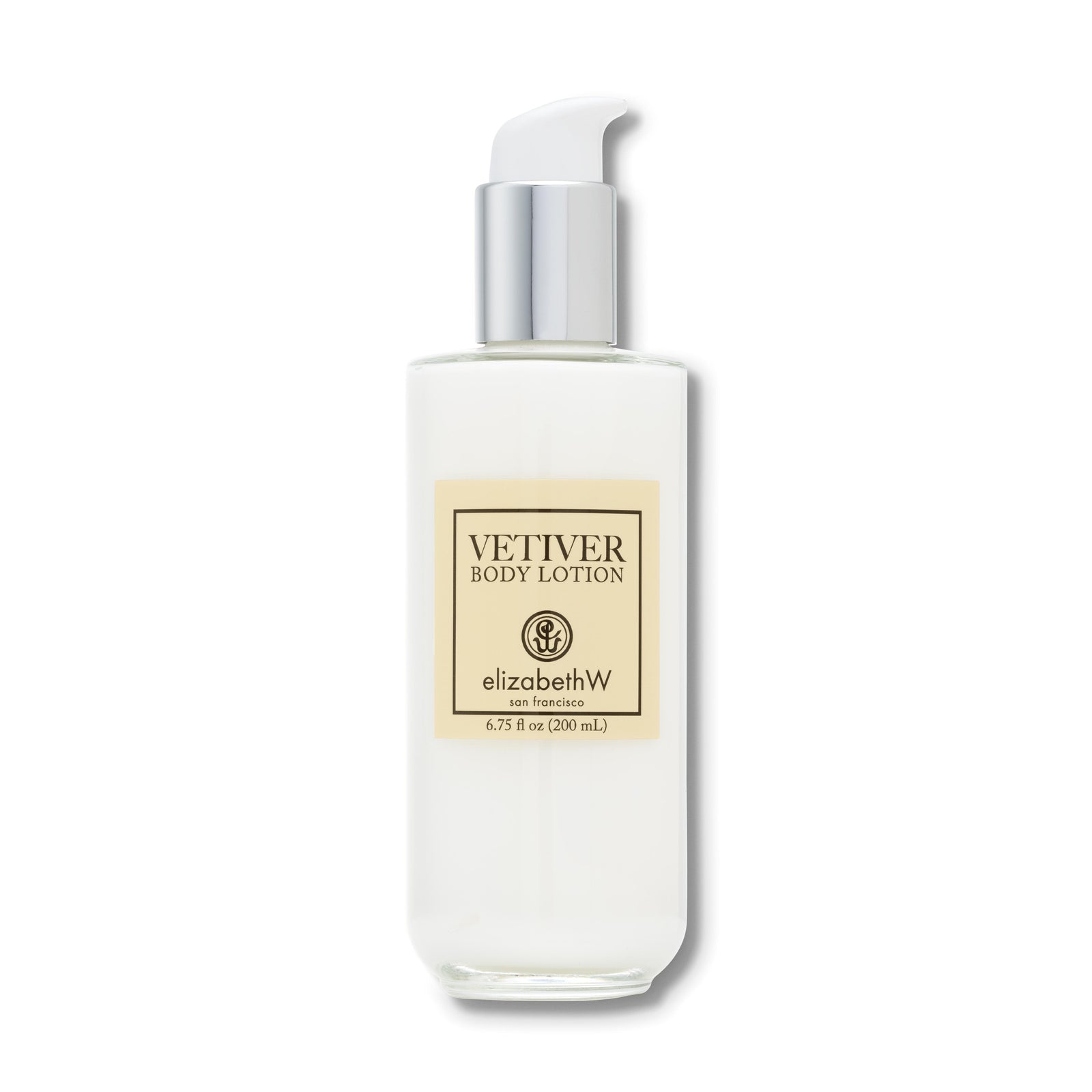 A 6.75 fl oz (200 mL) clear glass bottle of body lotion with a silver pump dispenser. The label reads "Vetiver Body Lotion," with the elizabethW logo and "san francisco" below. The cream label and minimalist design reflect a clean and elegant aesthetic.
