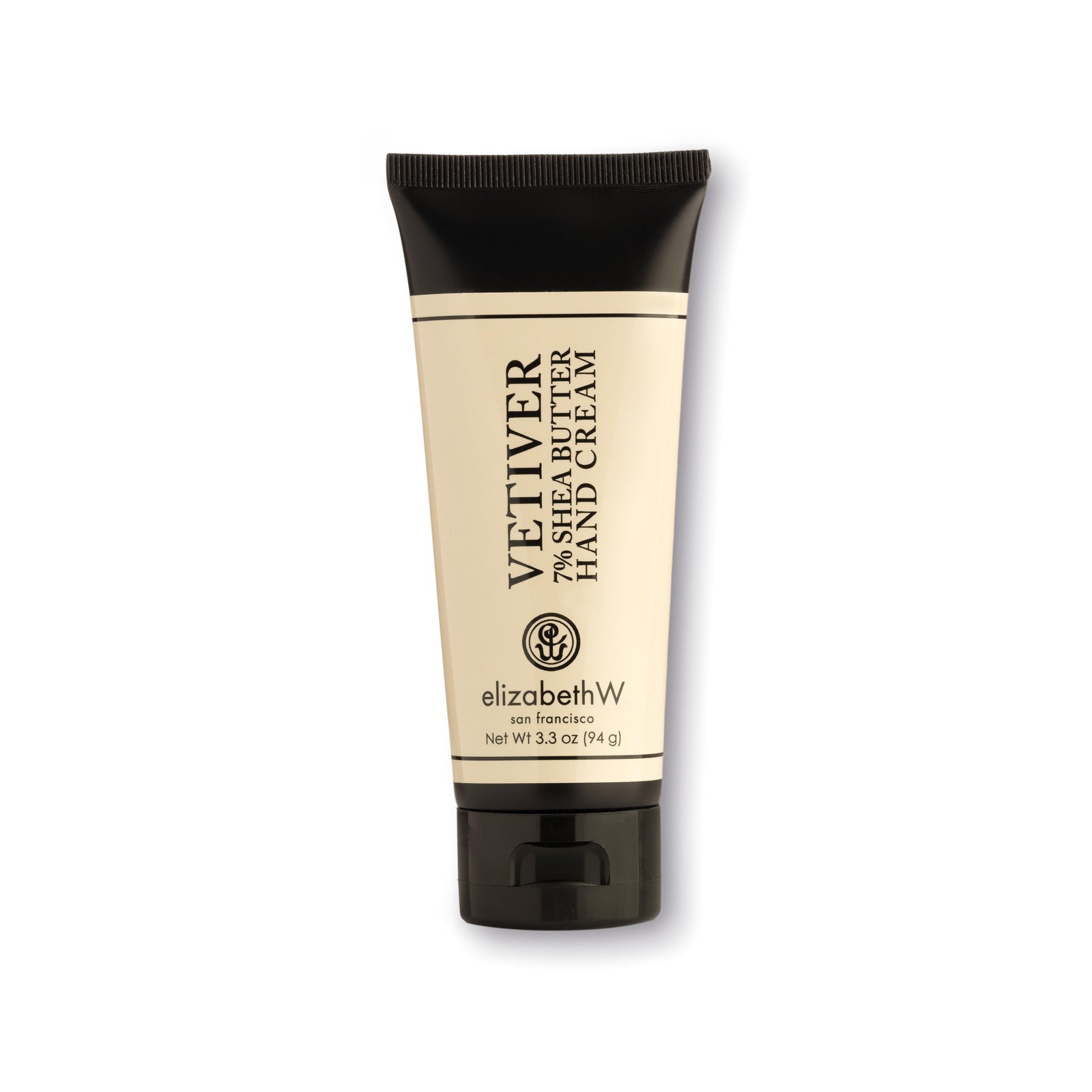 A 3.3 oz (94 g) cream-colored tube of Vetiver hand cream with a black cap and black text. The label reads "Vetiver 7% Shea Butter Hand Cream," with the elizabethW logo and "san francisco" beneath it. The net weight of the product is also listed on the label.