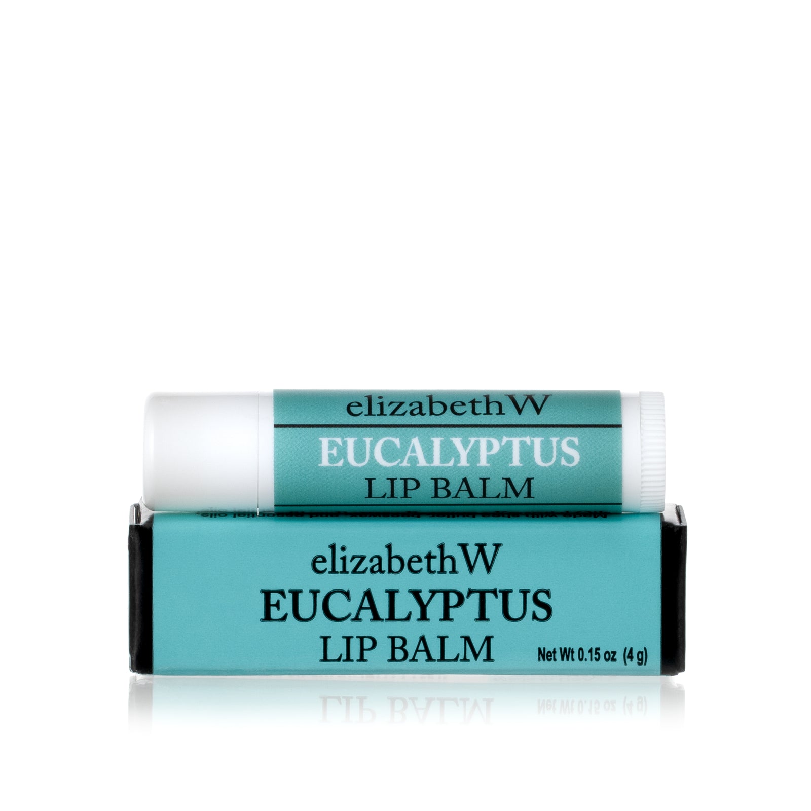 A tube of Eucalyptus Lip Balm placed on top of its matching blue-green and black box. The tube and box are both labeled with the product name in black text on a blue-green background.