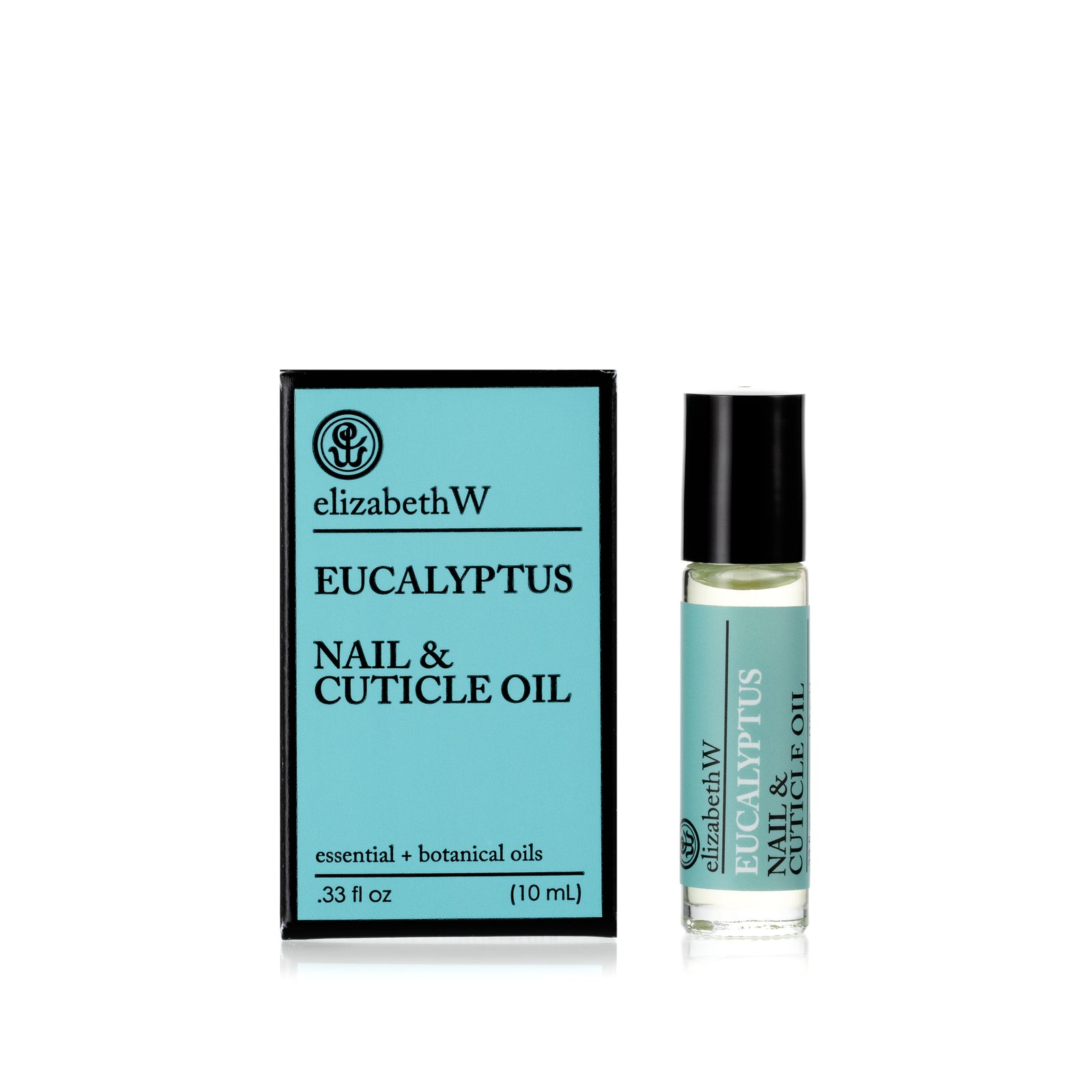 .33 fl oz (10 mL) glass roller bottle of Eucalyptus Nail & Cuticle Oil standing next to its matching light blue and black box. The bottle has a rollerball tip and contains a clear oil with a light blue label.