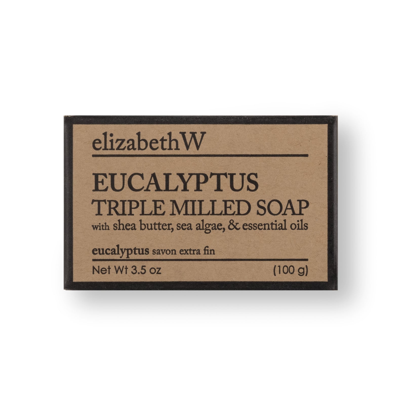 Eucalyptus Triple Milled Soap by elizabethW, packaged in a kraft-colored box. Contains shea butter, sea algae, and fruit extracts. Weight: 3.5 oz (100 g).