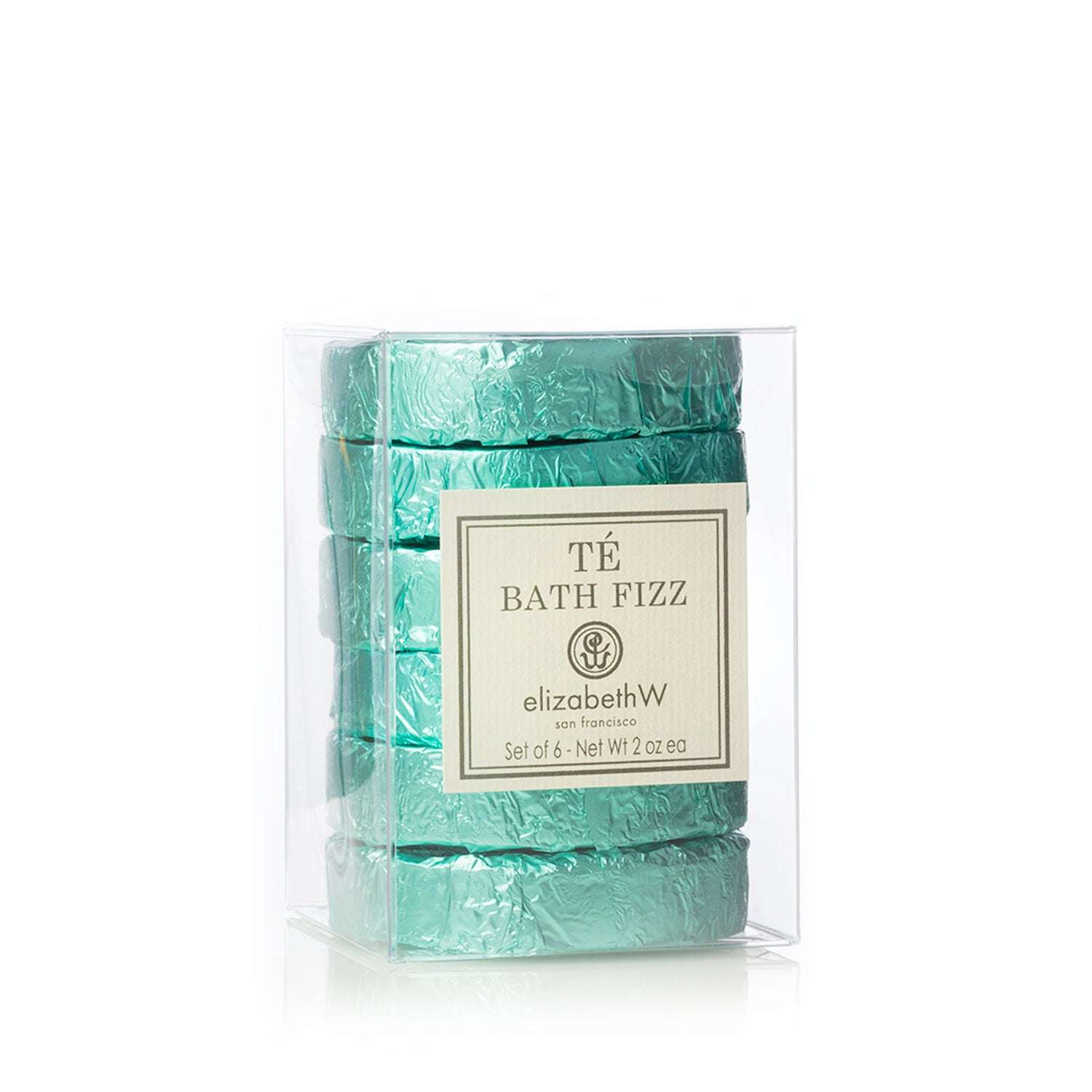 A clear plastic box containing six teal-wrapped bath fizz tablets. The beige label on the front reads "TE Bath Fizz" with the elizabethW logo and "san francisco." The set is listed as "Set of 6 - Net Wt 2 oz each."