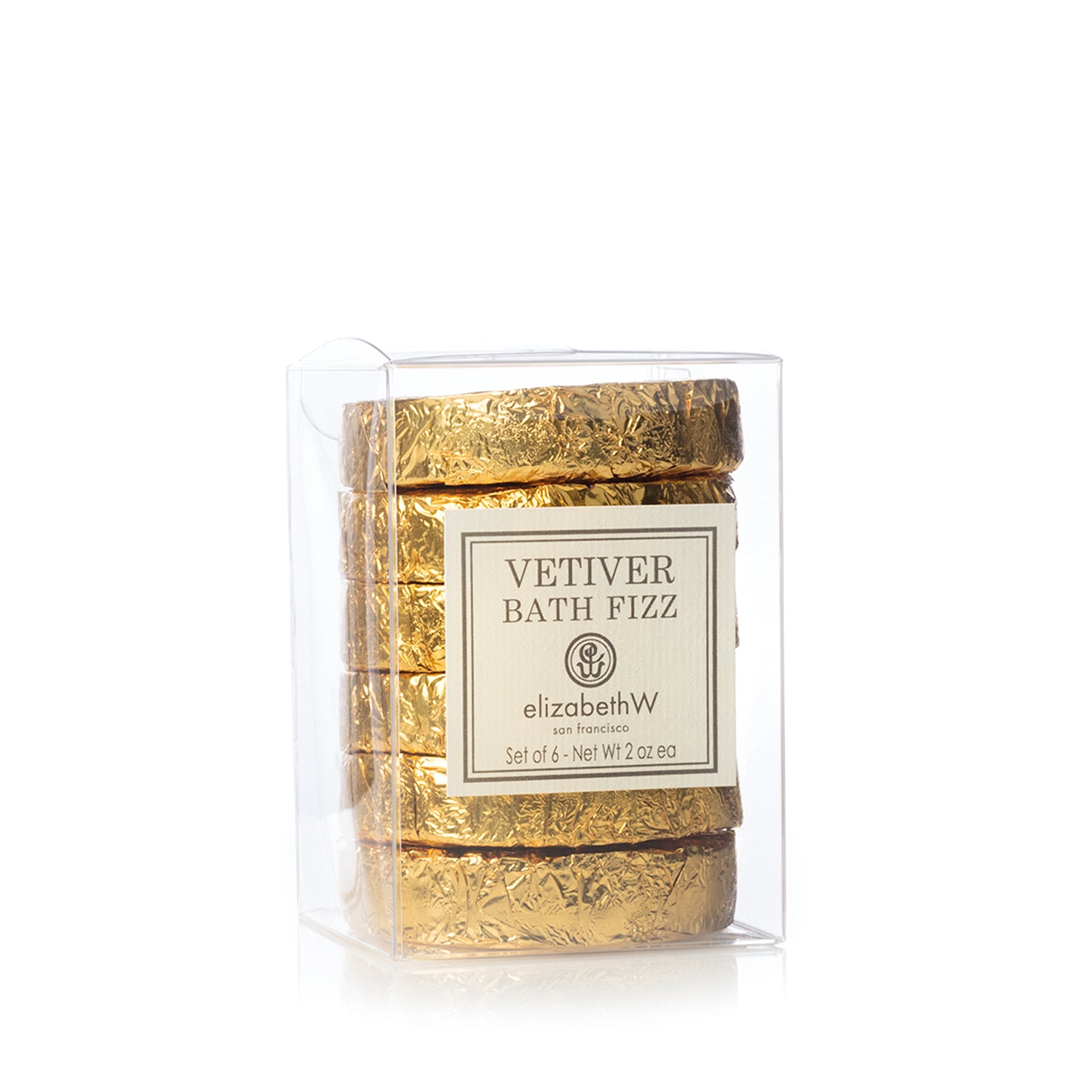 A clear plastic box containing six gold-wrapped bath fizz tablets. The beige label on the front reads "Vetiver Bath Fizz" with the elizabethW logo and "san francisco." The set is listed as "Set of 6 - Net Wt 2 oz each."