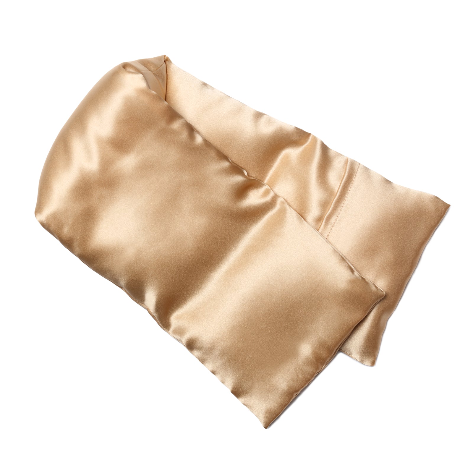Neatly arranged against a plain white background, the elizabethW Gold Hot/Cold Flaxseed Pack features a golden-silk casing, and can be used as a heat pad or cold compress.
