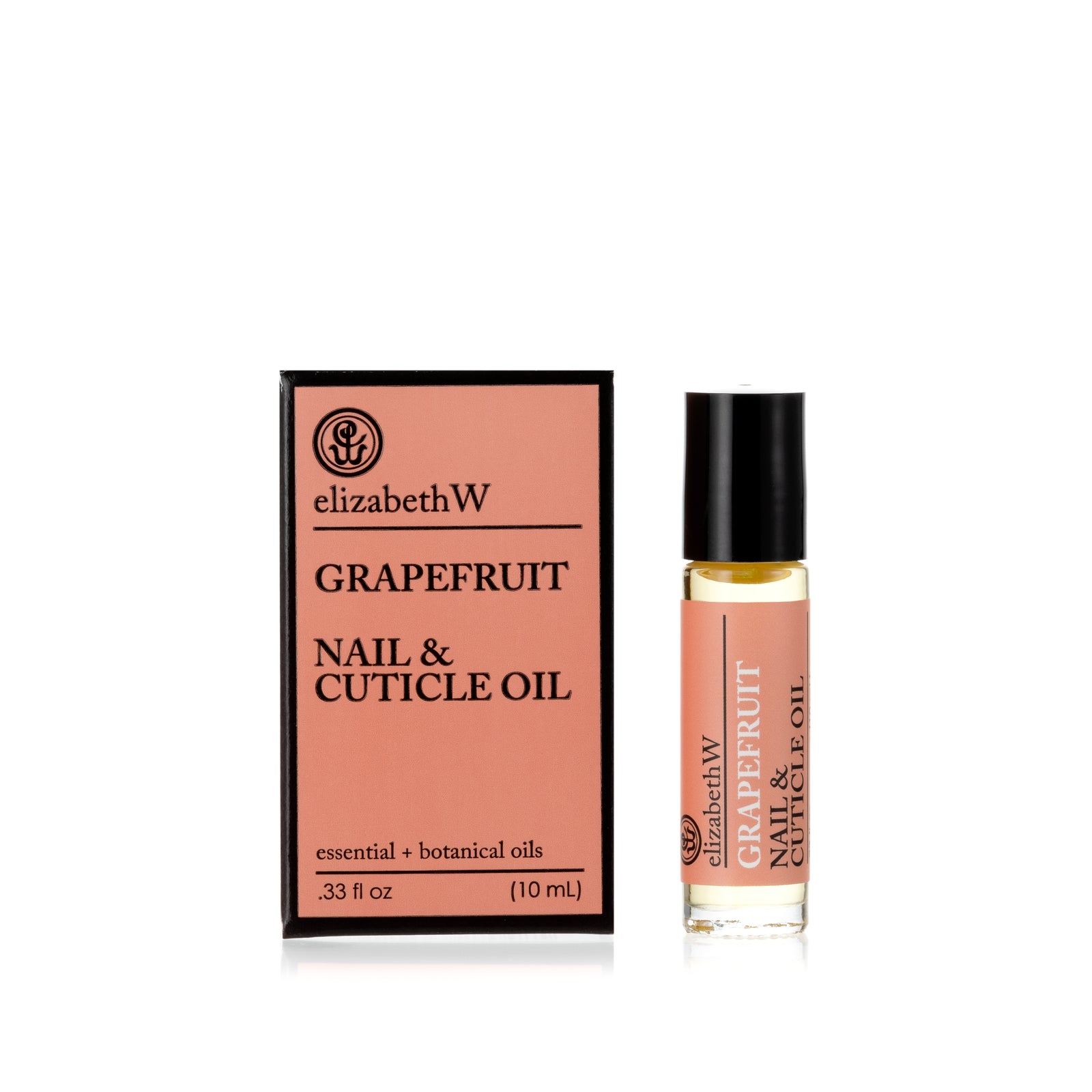 .33 fl oz (10 mL) glass roller bottle of Grapefruit Nail & Cuticle Oil standing next to its matching light orange and black box. The bottle has a rollerball tip and contains a clear oil with a light orange label.