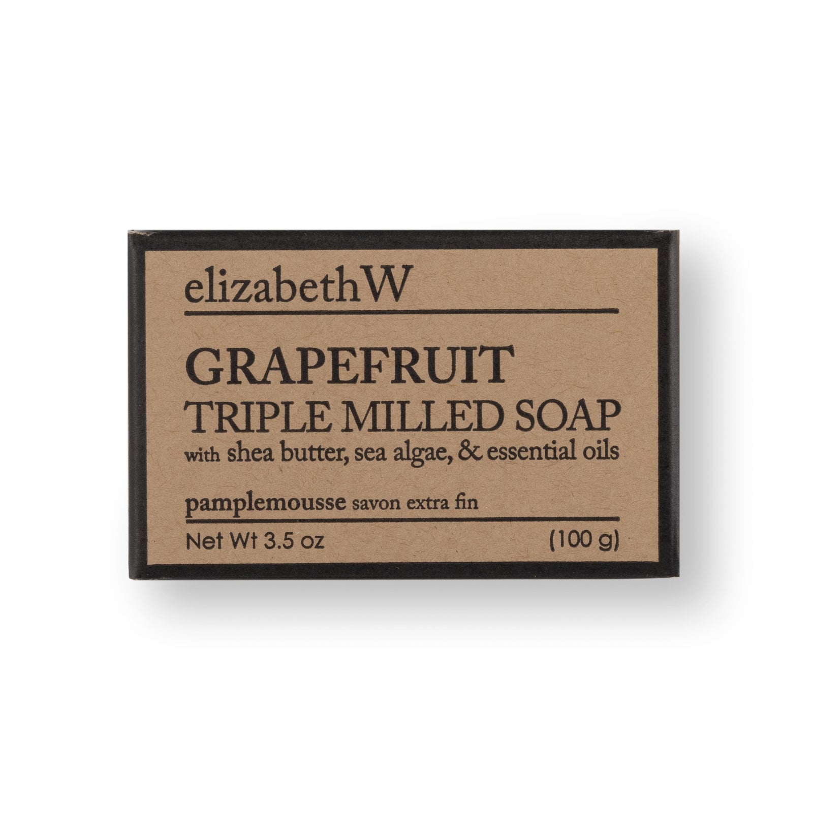 Grapefruit Triple Milled Soap by elizabethW, packaged in a kraft-colored box. Contains shea butter, sea algae, and fruit extracts. Weight: 3.5 oz (100 g).