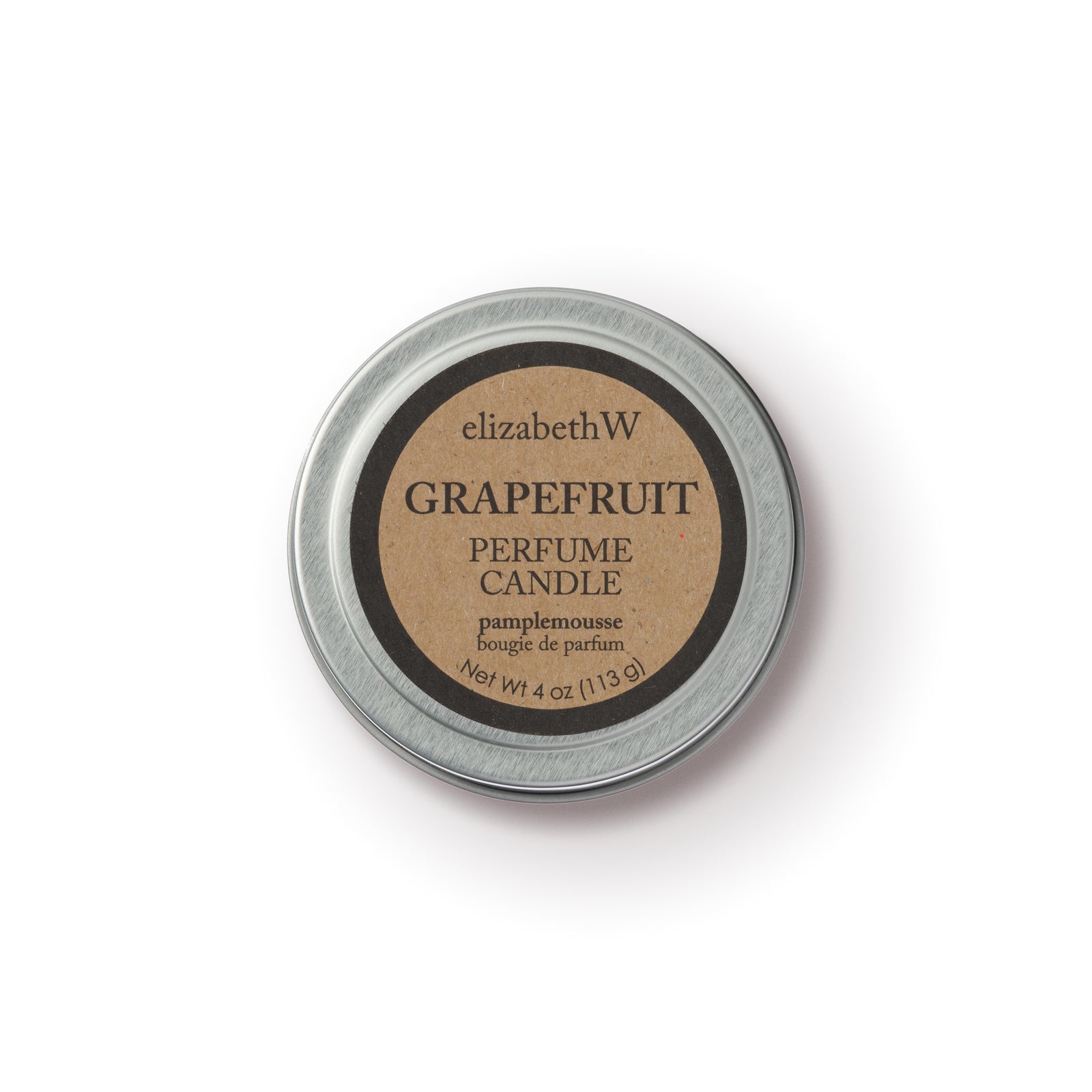 A round, silver-lidded tin container of the elizabethW Grapefruit Perfume Candle, featuring a kraft label on the lid with the product name and details.