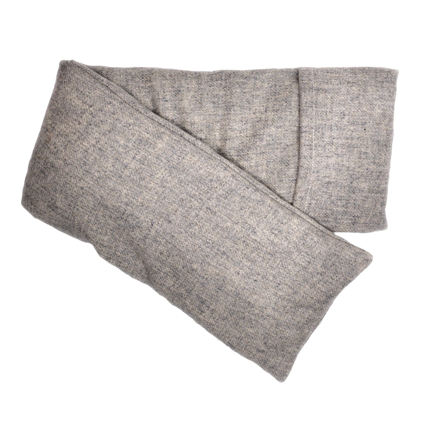 Neatly arranged against a plain white background, the elizabethW Heather Gray Wool Hot/Cold Flaxseed Pack is made with a light gray soft textured fabric, and can be used as a heat pad or cold compress.  