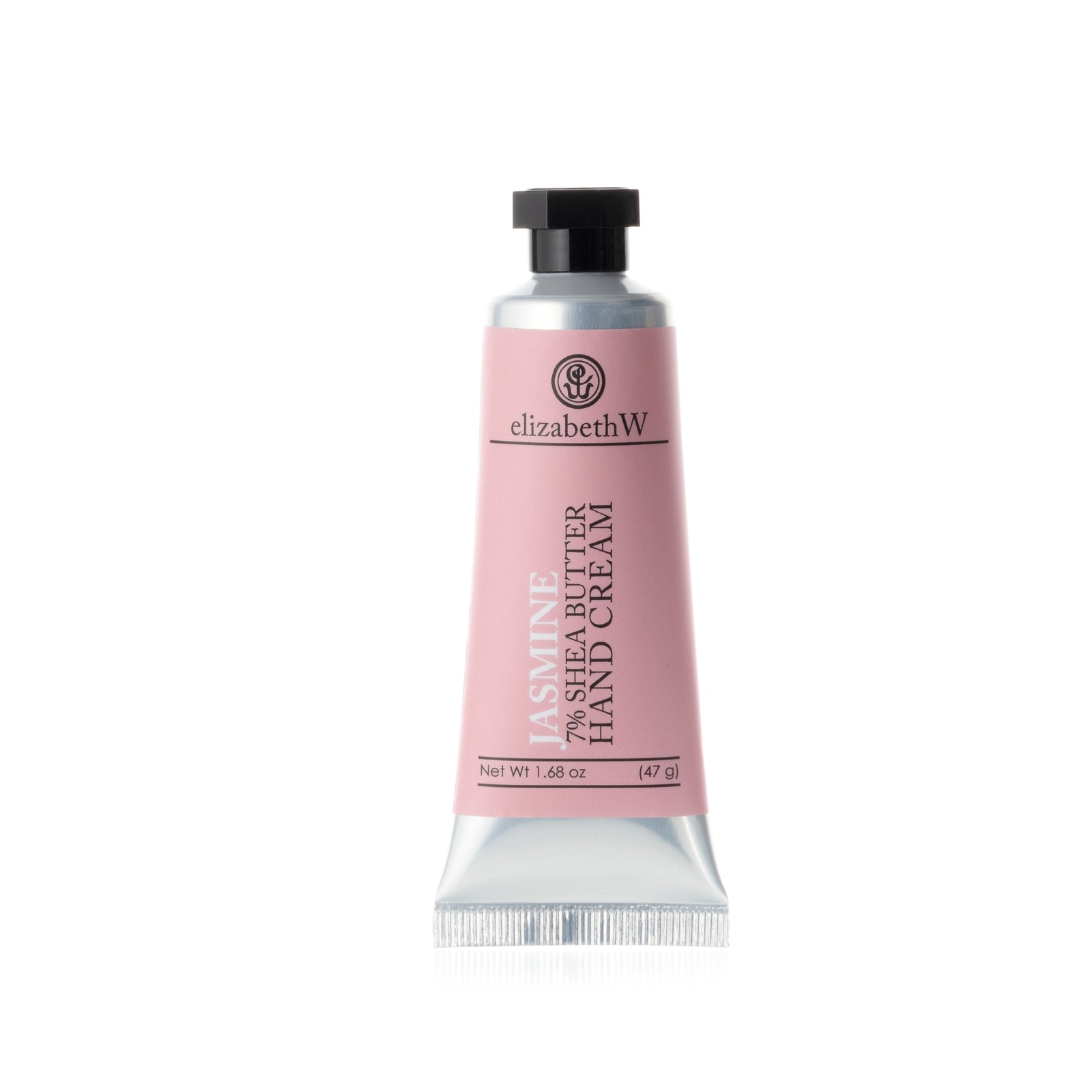 A small metal tube of Jasmine 7% Shea Butter Hand Cream with a black cap and a pink label, showing the product’s name and weight.