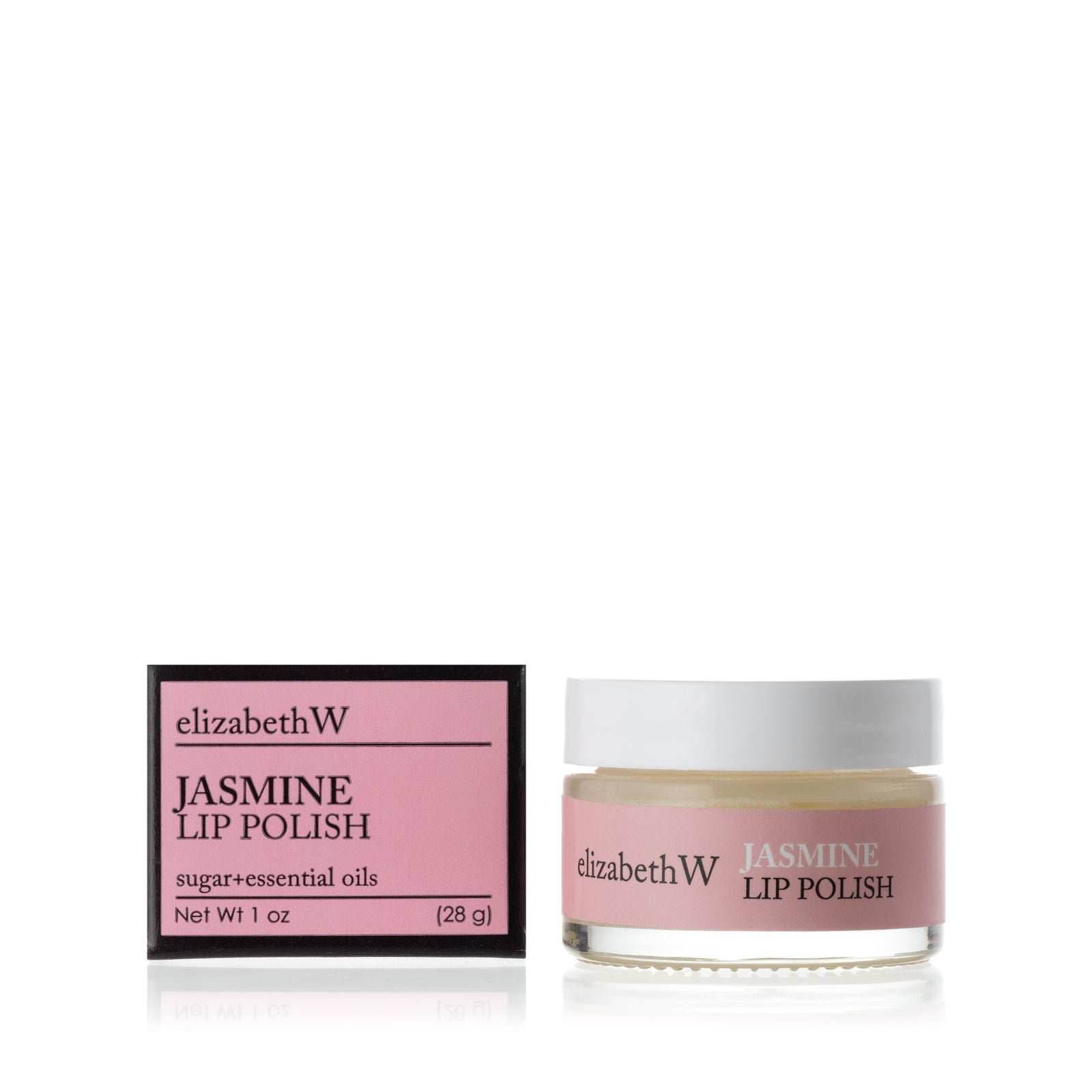 A glass jar of Jasmine Lip Polish beside its matching black and pink box. The jar contains a smooth white lip polish with a pink label.