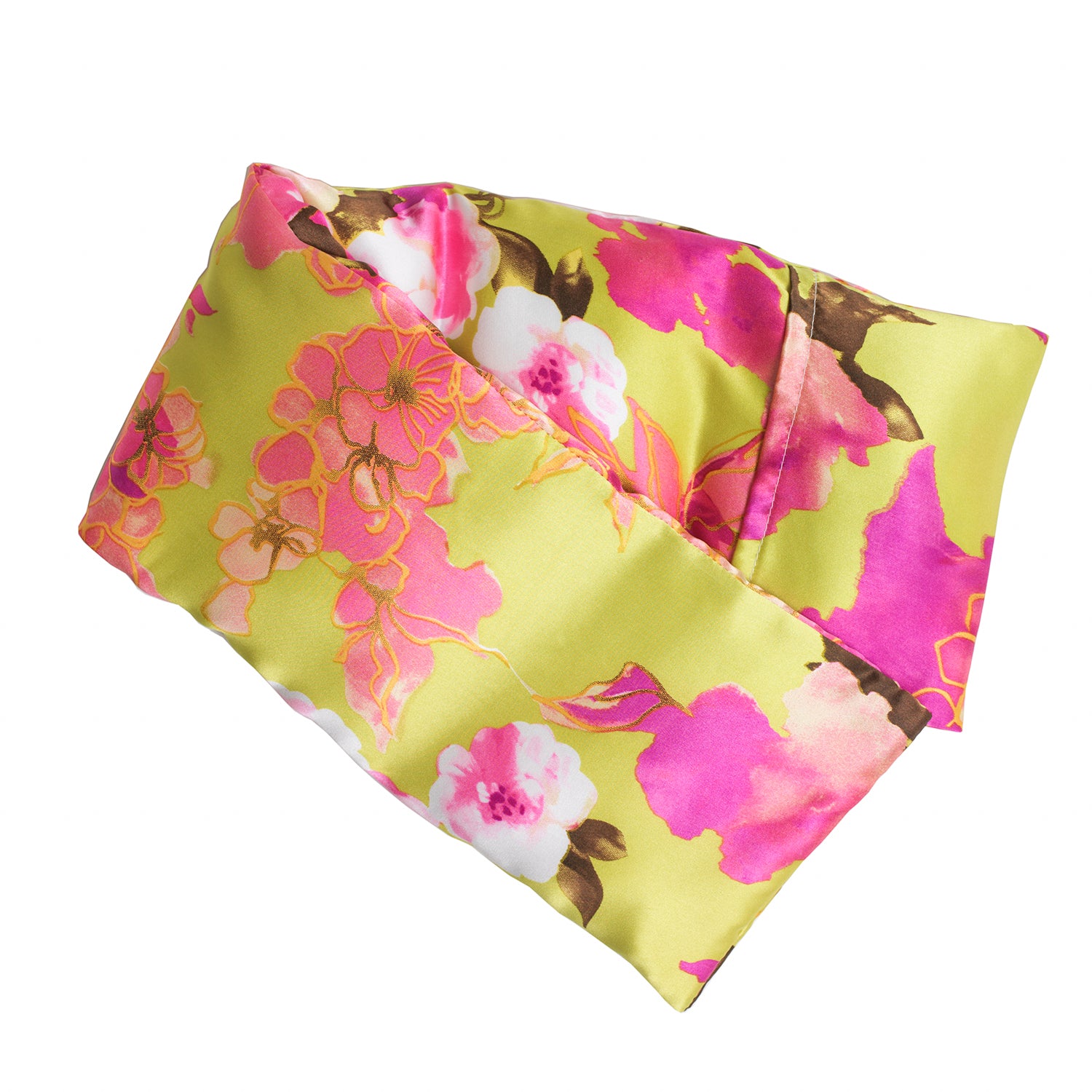 Neatly arranged against a plain white background, the elizabethW Kimono  Hot/Cold Flaxseed Pack features a vibrant mix of pink and white flowers with green leaves on a lime green background covered in a silk casing, and can be used as a heat pad or cold compress.