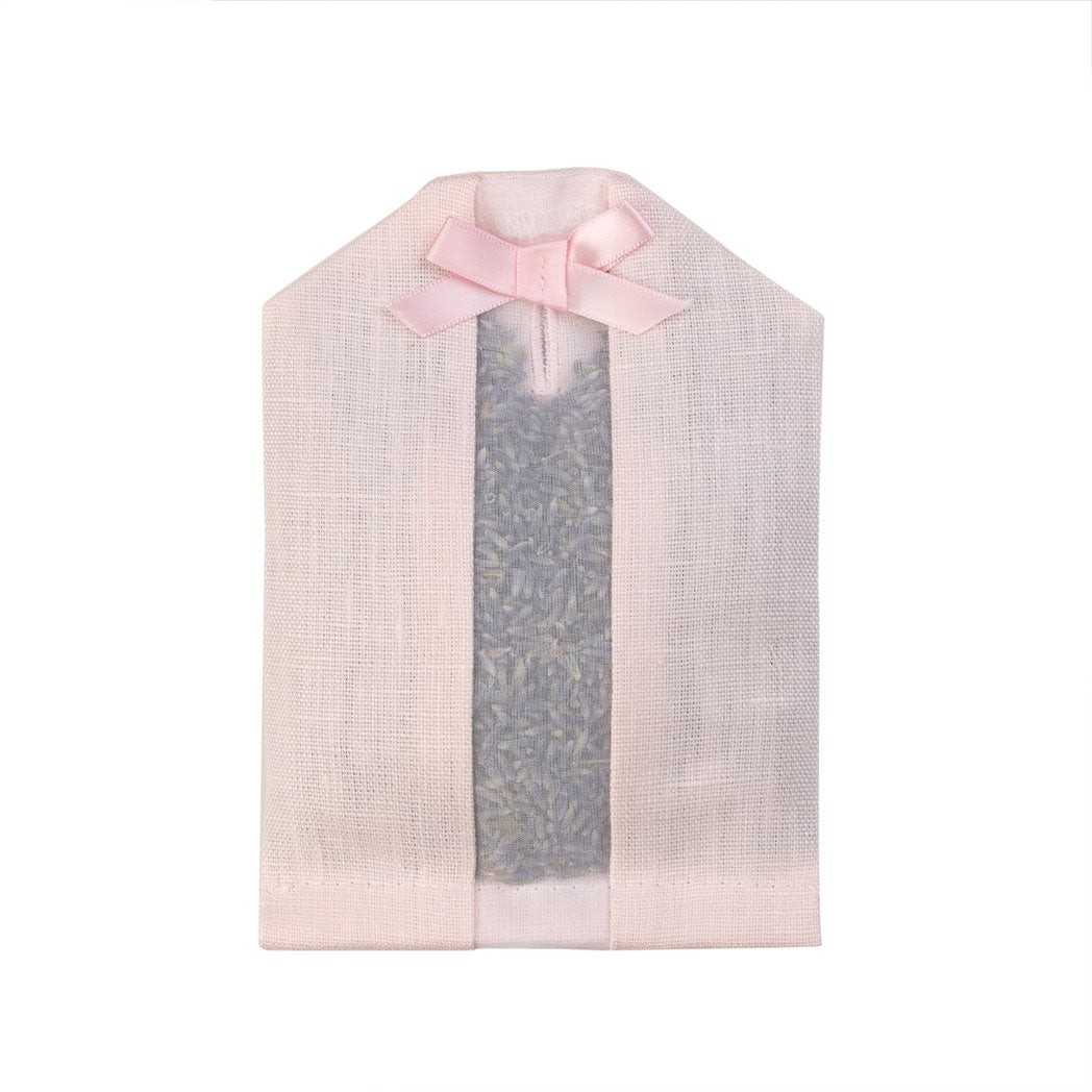 Lavender filled inside of a pink linen hanger sachet 