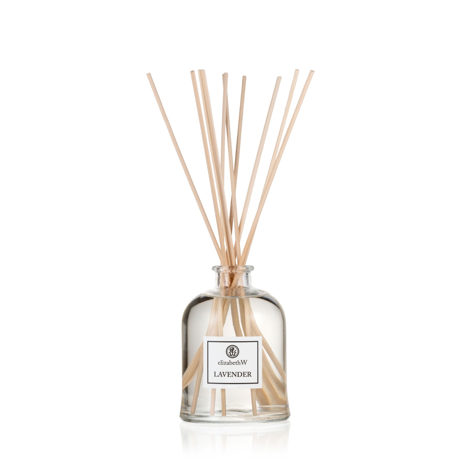 Lavender Room Diffuser by elizabethW. A clear glass bottle filled with fragrance oil and long diffuser reeds extending from the top.