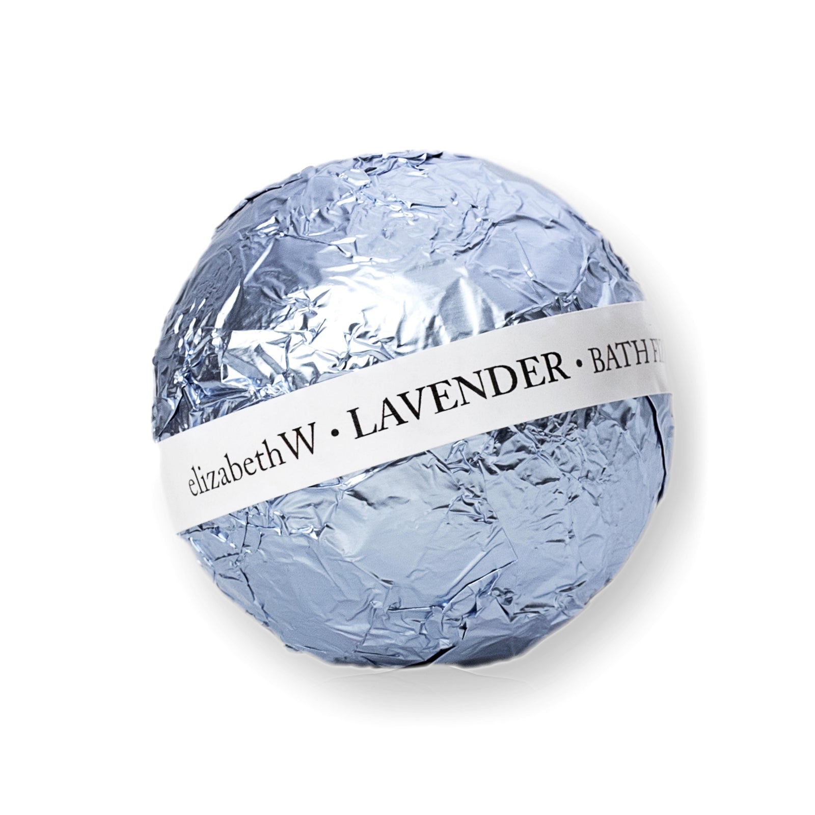 A blue-wrapped, spherical bath fizz ball. A white label band wraps around the center, reading "elizabethW Lavender Bath Fizz."