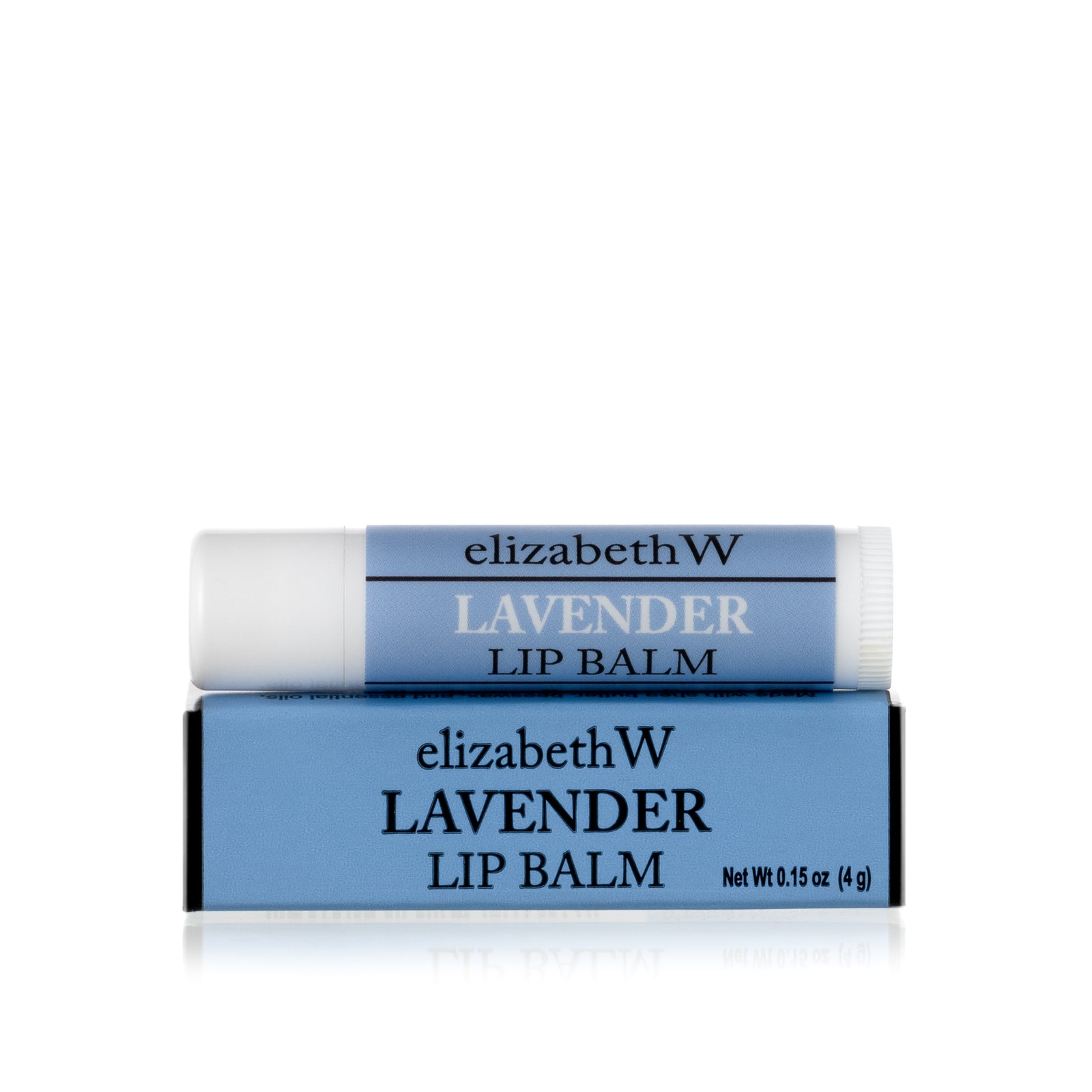 A tube of Lavender Lip Balm placed on top of its matching blue and black box. The tube and box are both labeled with the product name in black text on a blue background.