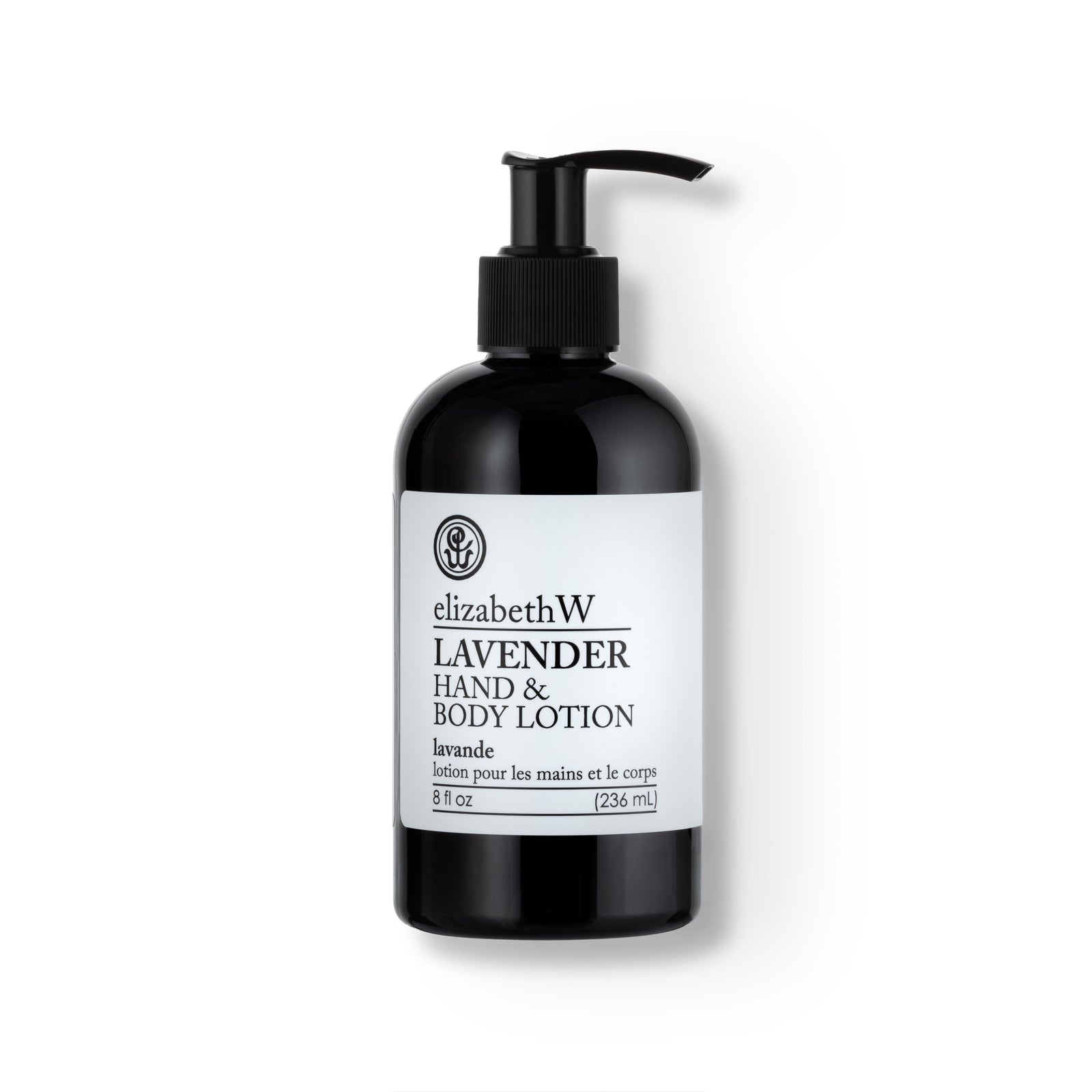 Bottle of elizabethW Lavender Hand & Body Lotion with a black pump dispenser. Label text includes 'lotion pour les mains et le corps' and the volume, 8 fl oz (236 mL
