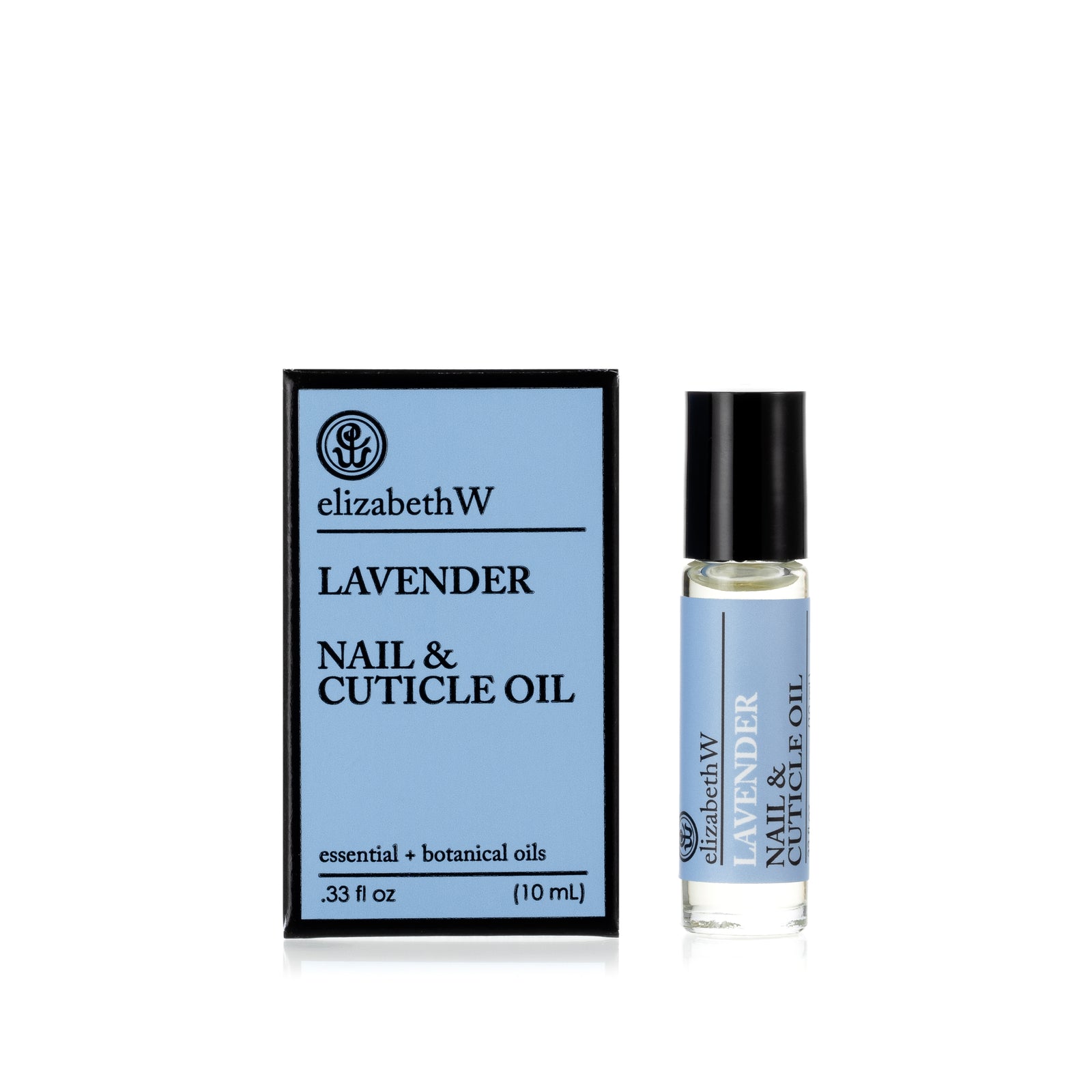 .33 fl oz (10 mL) glass roller bottle of Lavender Nail & Cuticle Oil standing next to its matching blue and black box. The bottle has a rollerball tip and contains a clear oil with a blue label.