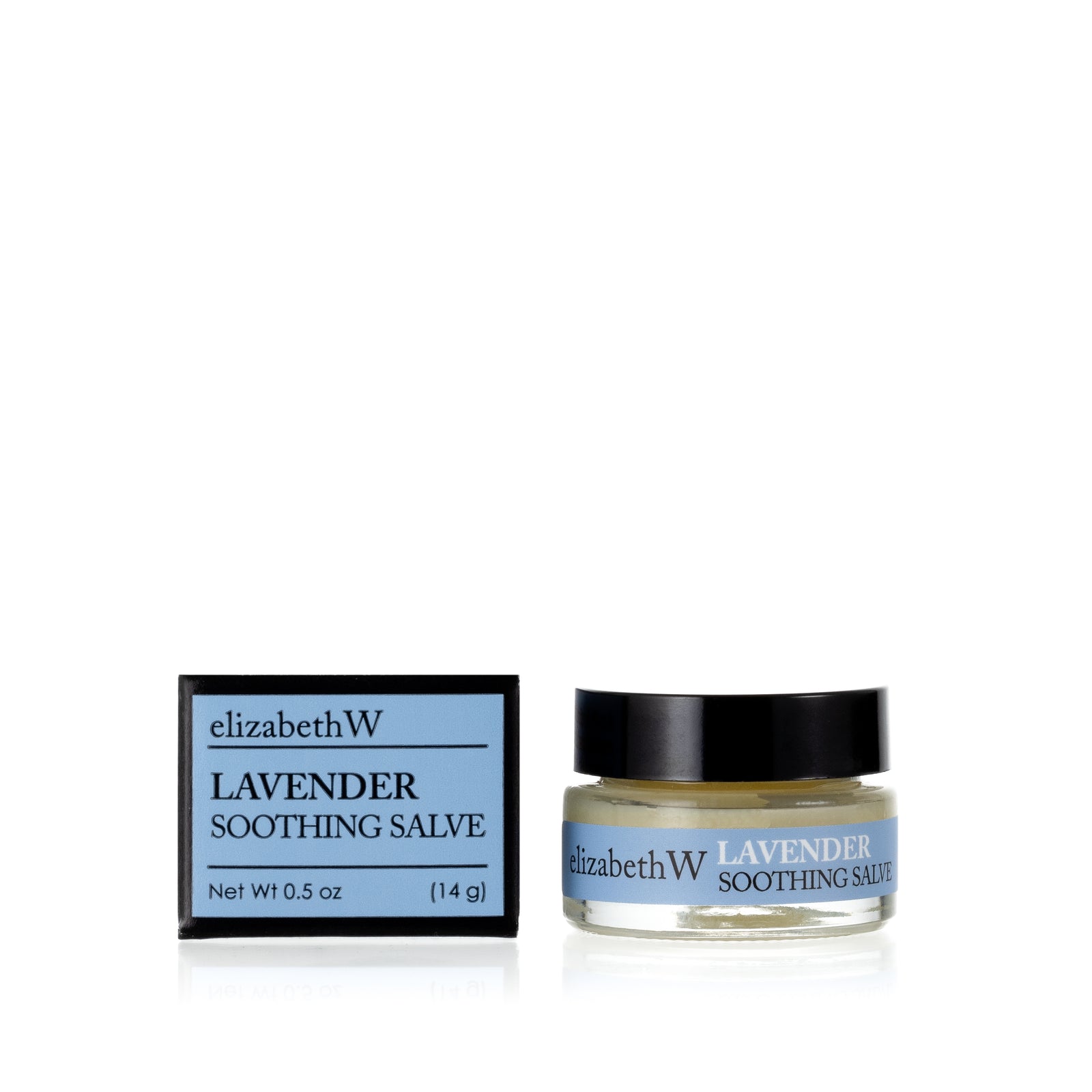 .5 oz (14g) glass jar of Lavender Soothing Salve with a matching blue and black box. The jar contains salve, and the box displays the product name and the brand elizabethW in black text on a blue background.