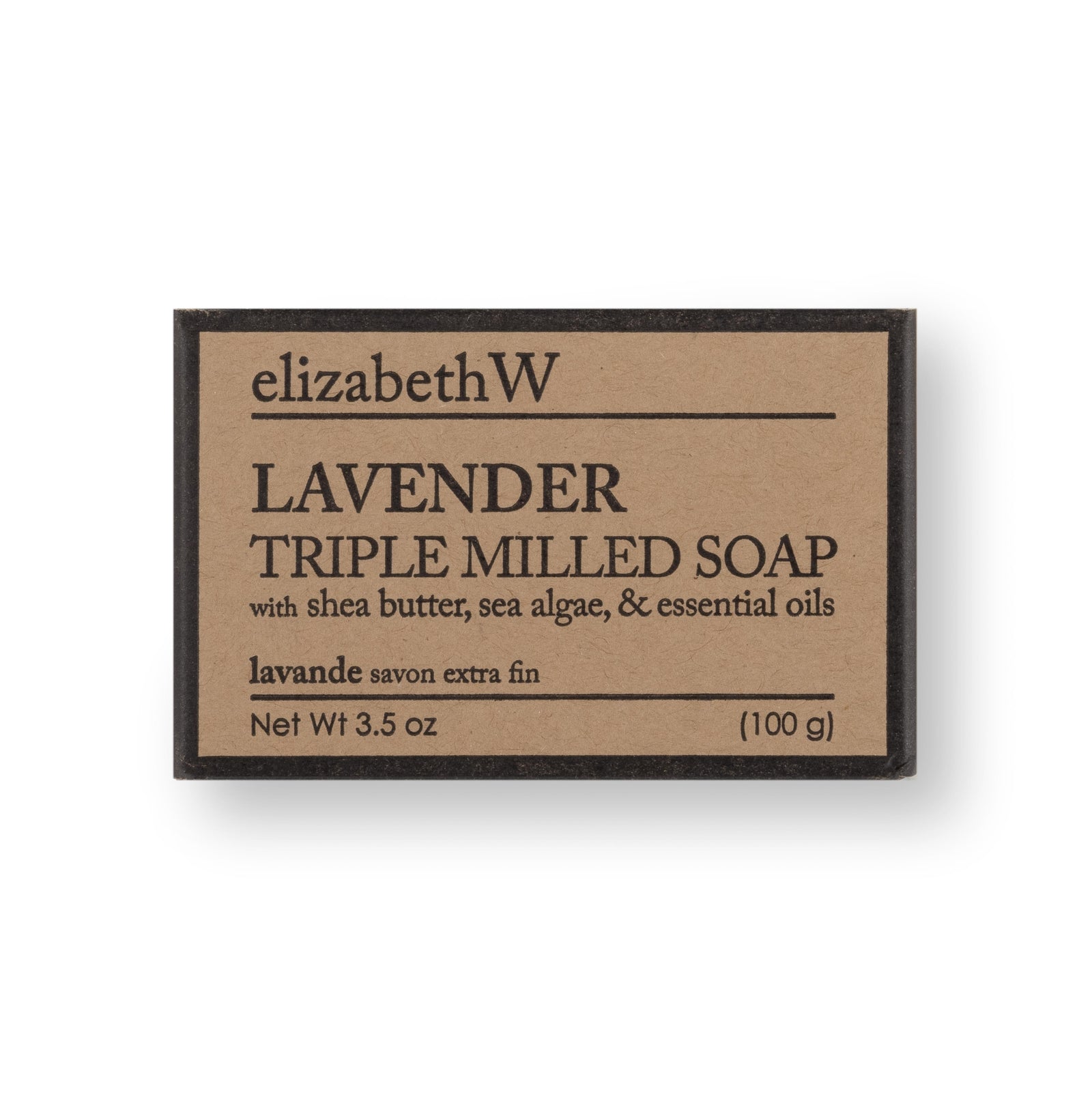Lavender Triple Milled Soap by elizabethW, packaged in a kraft-colored box. Contains shea butter, sea algae, and fruit extracts. Weight: 3.5 oz (100 g).