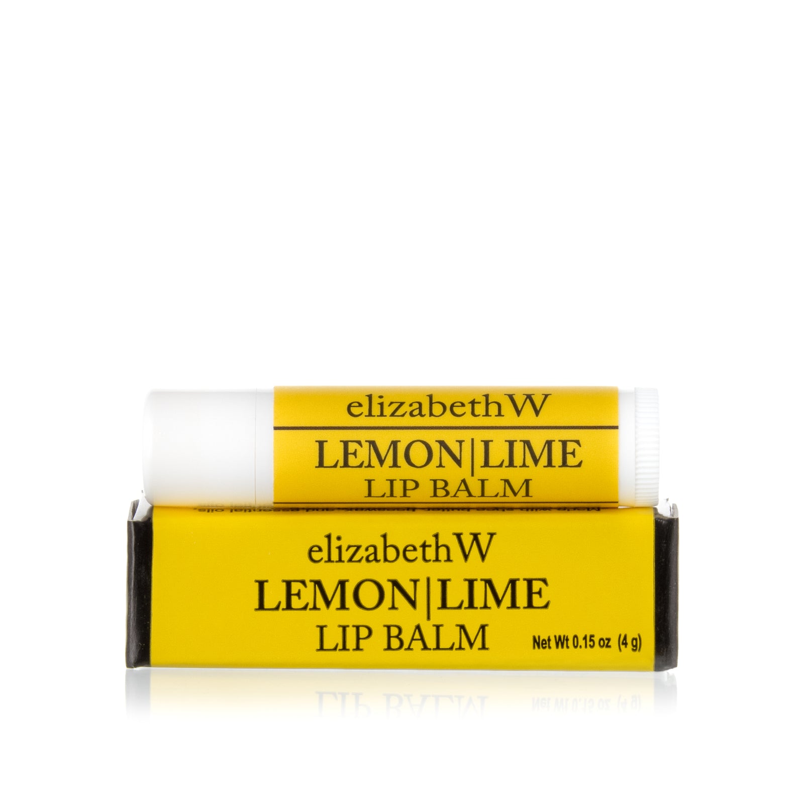 A tube of Lemon|Lime Lip Balm placed on top of its matching yellow and black box. The tube and box are both labeled with the product name in black text on a yellow background.