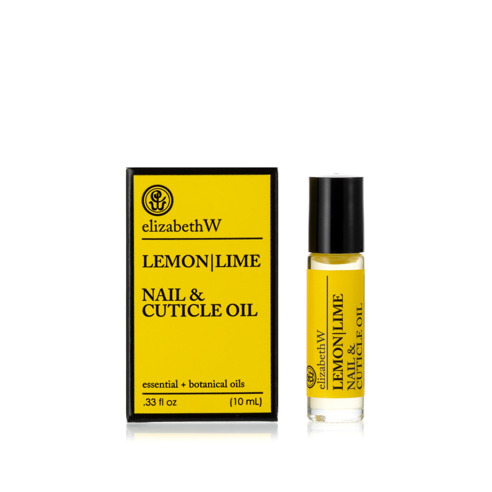 .33 fl oz (10 mL) glass roller bottle of Lemon|Lime Nail & Cuticle Oil standing next to its matching yellow and black box. The bottle has a rollerball tip and contains a clear oil with a yellow label.