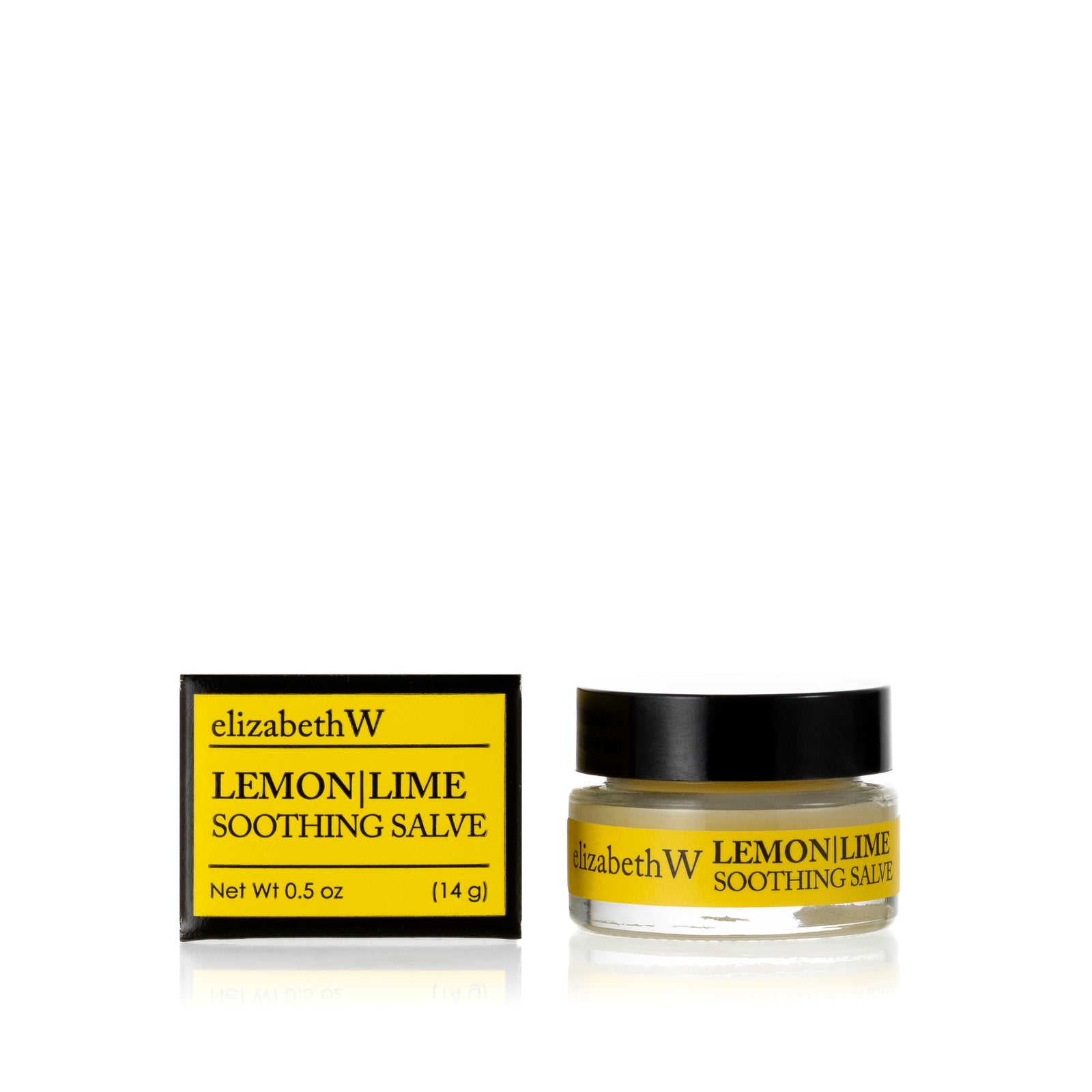 .5 oz (14g) glass jar of Lemon|Lime Soothing Salve with a matching yellow and black box. The jar contains salve, and the box displays the product name and the brand elizabethW in black text on a yellow background.